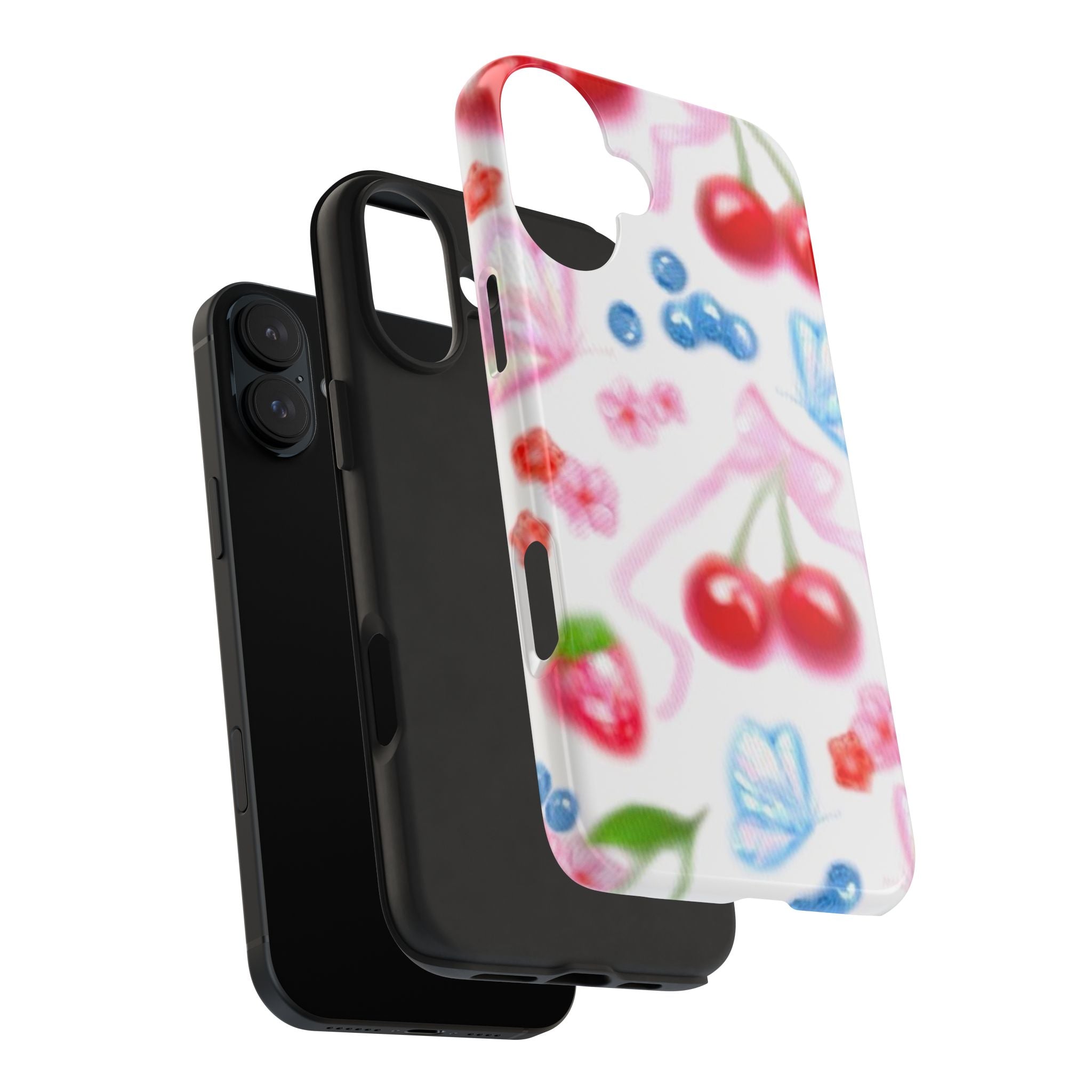 Cute Cherry Strawberry Phone Case, Bow Butterfly Design, iPhone & Samsung Protective Cover, Girls Women Fun Gift, Fruit Floral Pattern