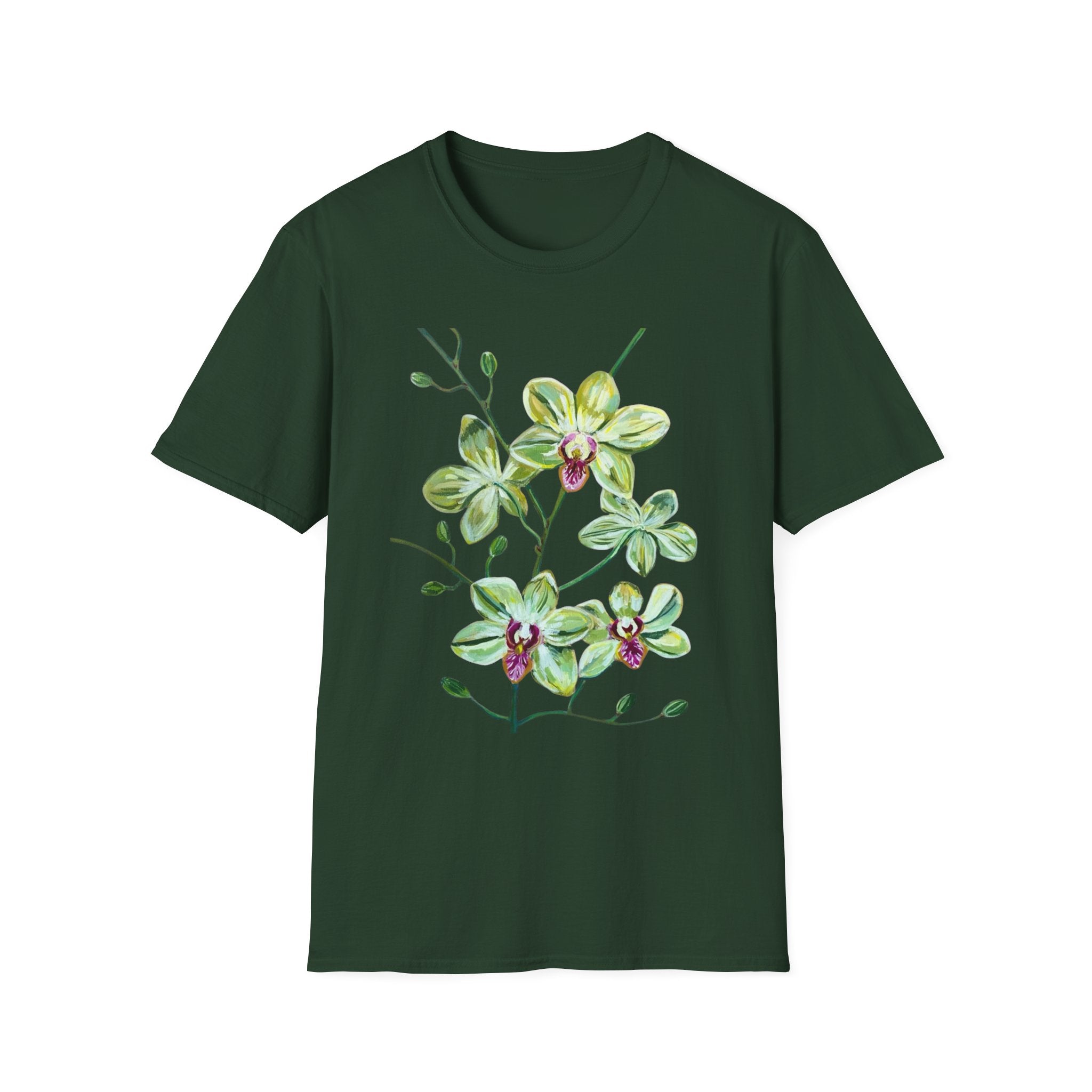 Green Orchid T-Shirt, Botanical Floral Graphic Tee, Nature Plant Art Shirt, Soft Cotton Apparel, Unique Gift for Women Men