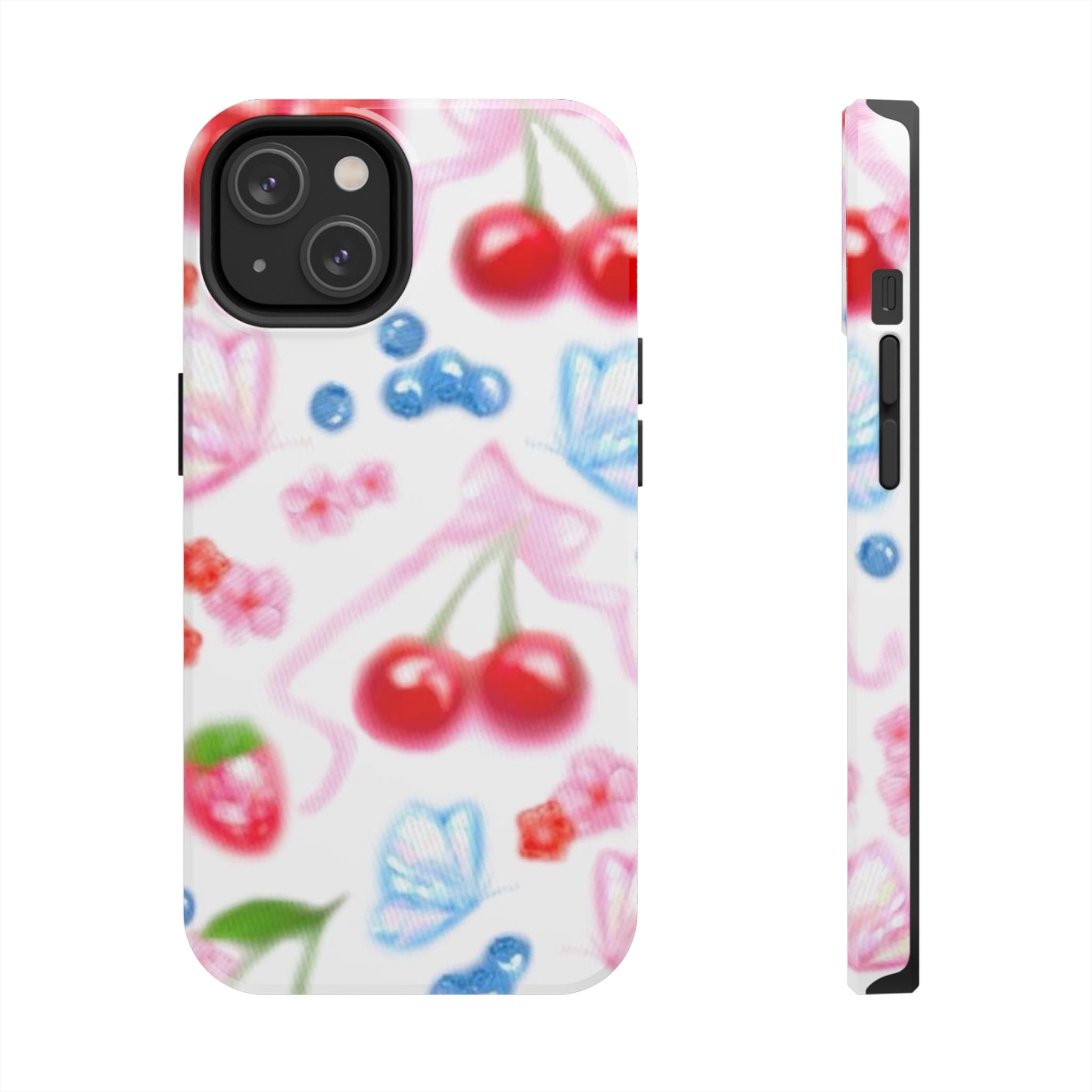 Cute Cherry Strawberry Phone Case, Bow Butterfly Design, iPhone & Samsung Protective Cover, Girls Women Fun Gift, Fruit Floral Pattern