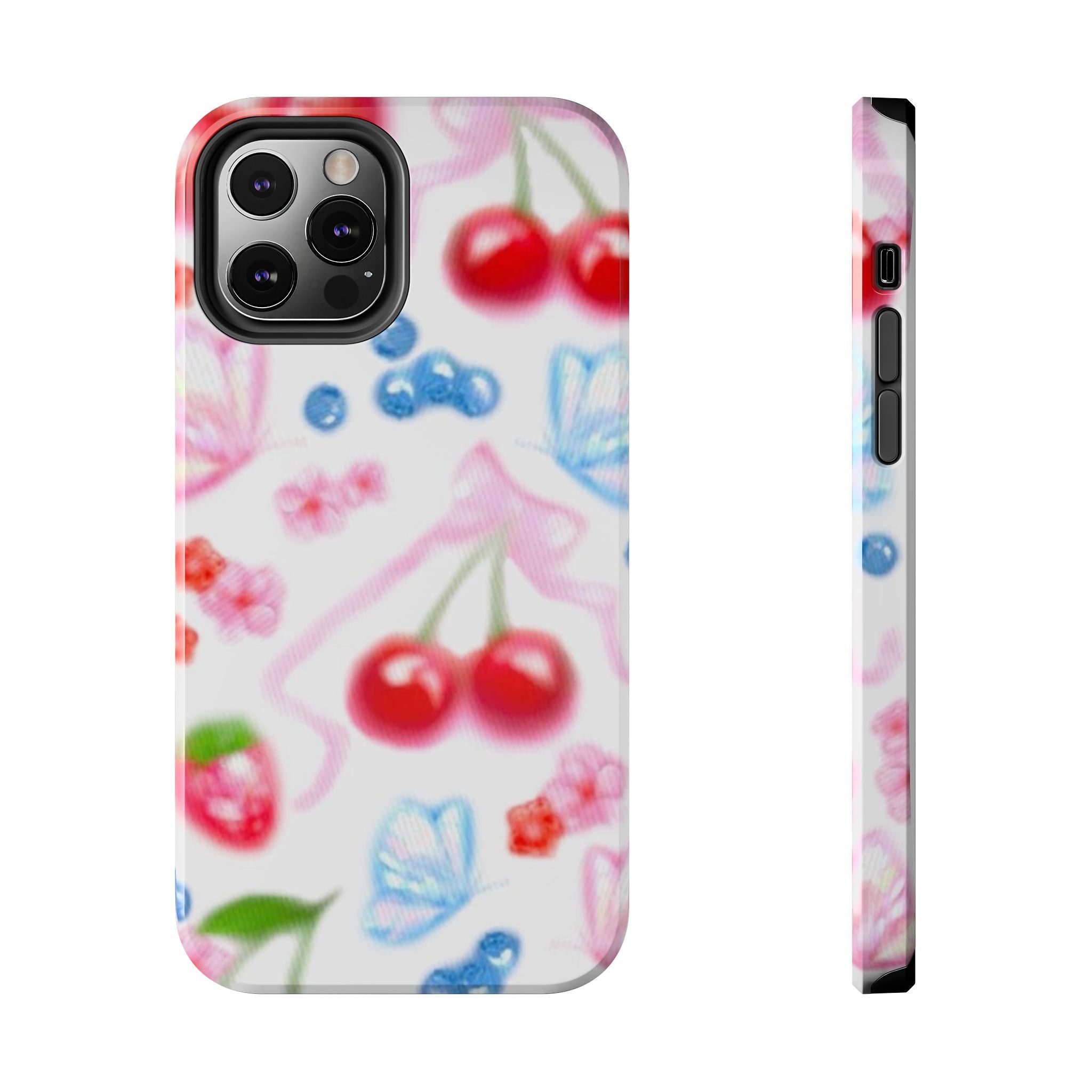 Cute Cherry Strawberry Phone Case, Bow Butterfly Design, iPhone & Samsung Protective Cover, Girls Women Fun Gift, Fruit Floral Pattern