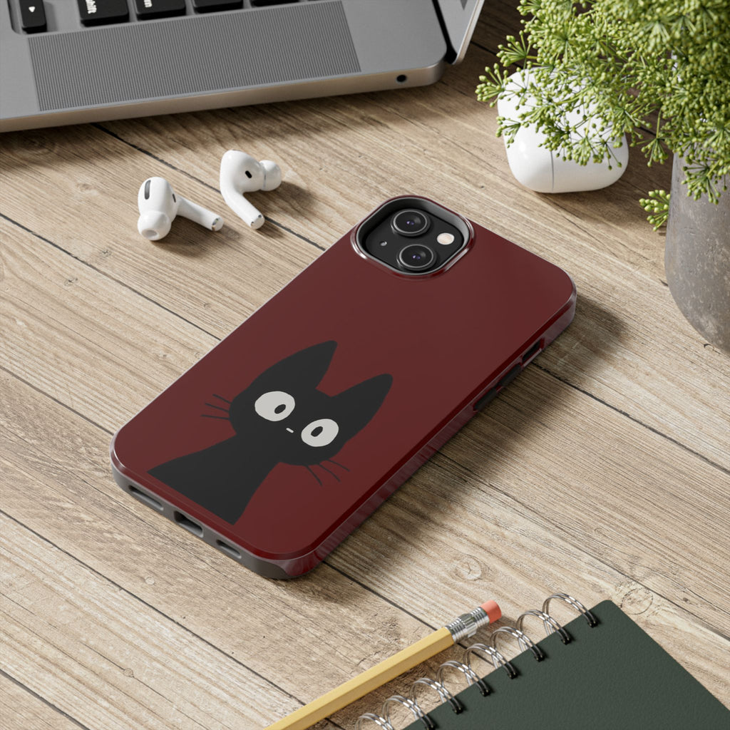 Black Cat Phone Case – Minimal Cute Design, Slim Protective Burgundy Cover