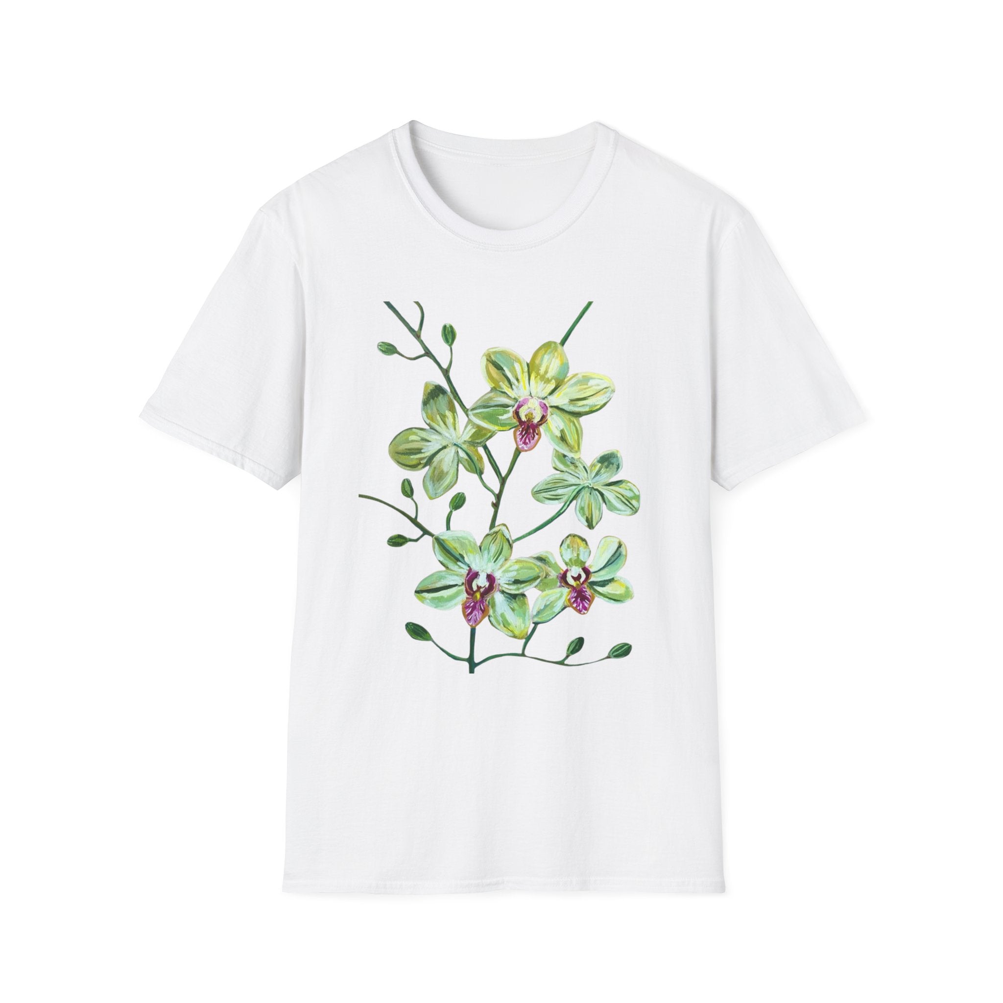 Green Orchid T-Shirt, Botanical Floral Graphic Tee, Nature Plant Art Shirt, Soft Cotton Apparel, Unique Gift for Women Men