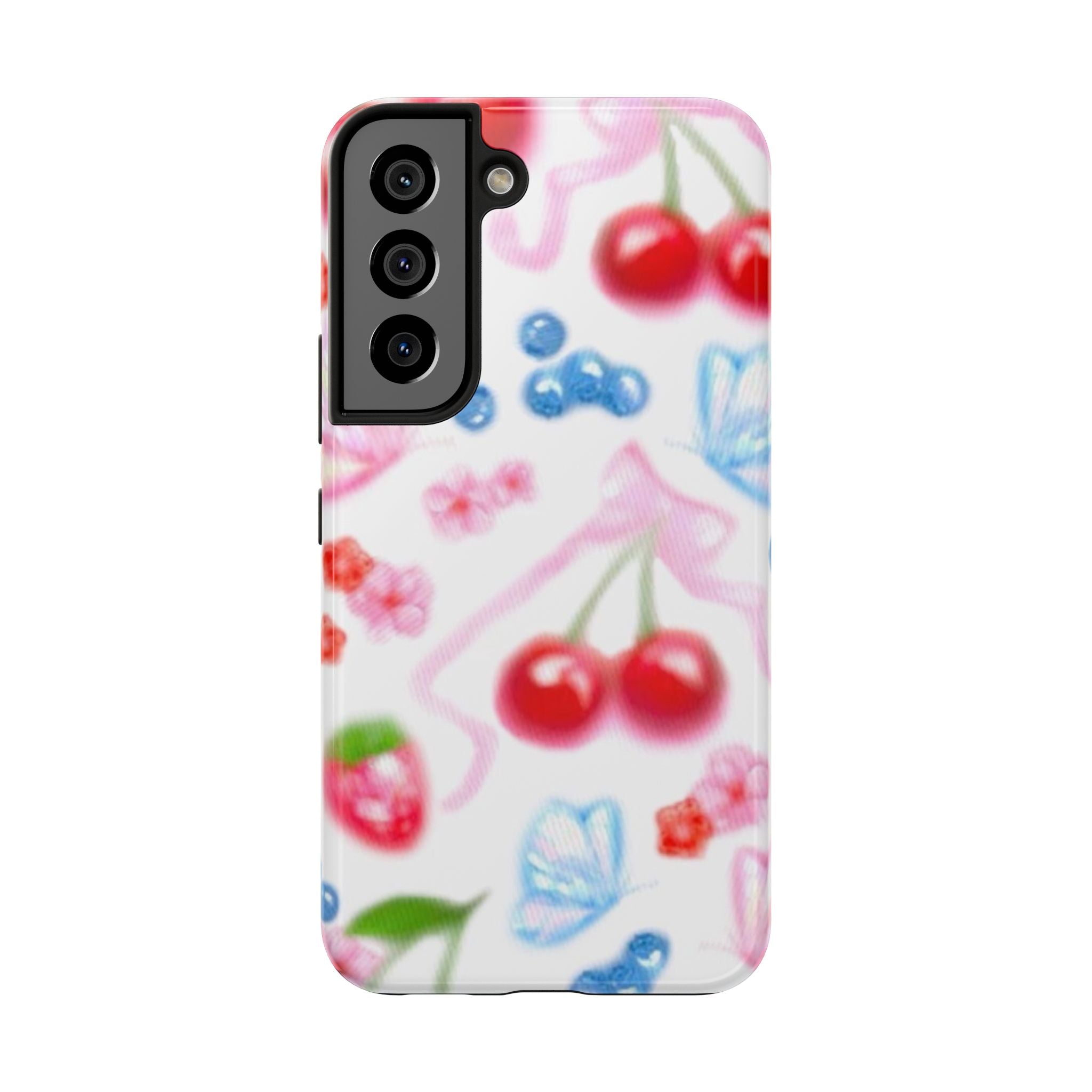 Cute Cherry Strawberry Phone Case, Bow Butterfly Design, iPhone & Samsung Protective Cover, Girls Women Fun Gift, Fruit Floral Pattern