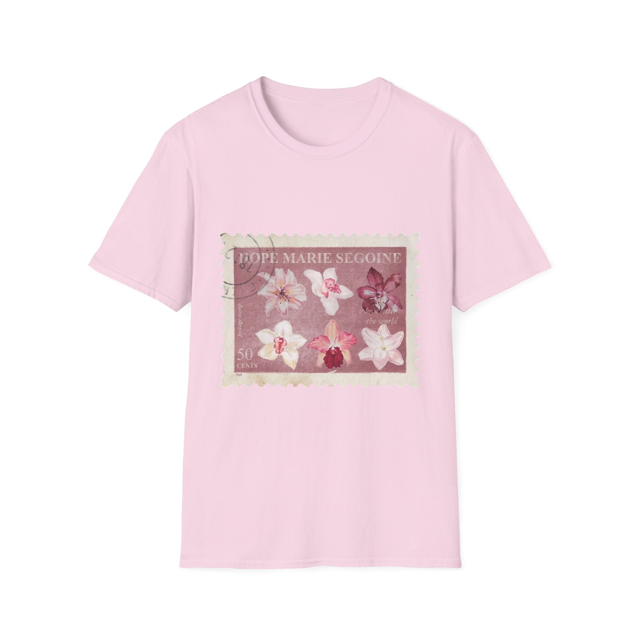 Vintage Flower Stamp T-Shirt, Botanical Orchid Graphic Tee, Retro Floral Art Shirt, Soft Cotton Apparel, Unique Gift for Women Men