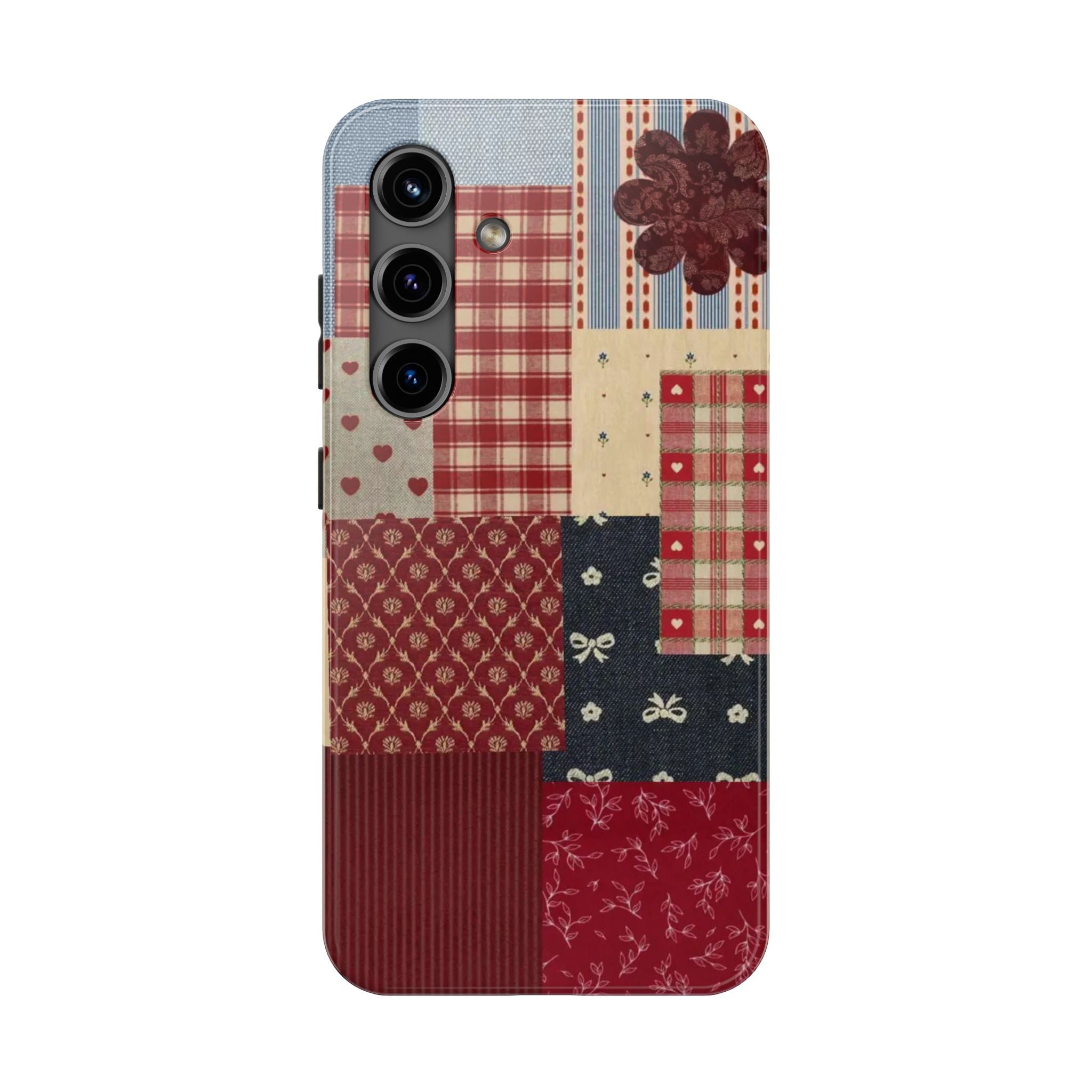 Red Patchwork Phone Case, Quilted Pattern Design, iPhone & Samsung Protective Cover, Rustic Farmhouse Style, Unique Gift for Women