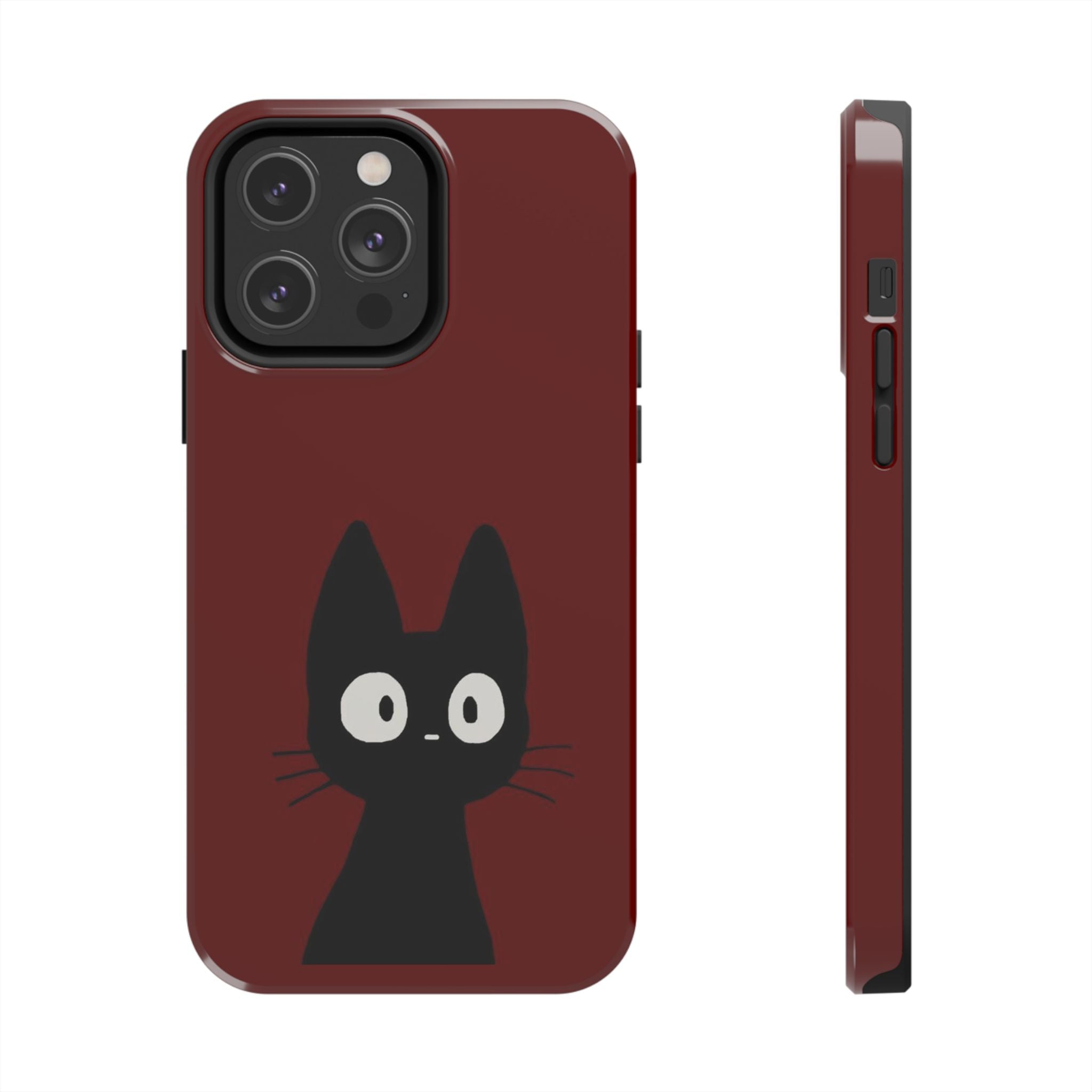 Black Cat Phone Case – Minimal Cute Design, Slim Protective Burgundy Cover