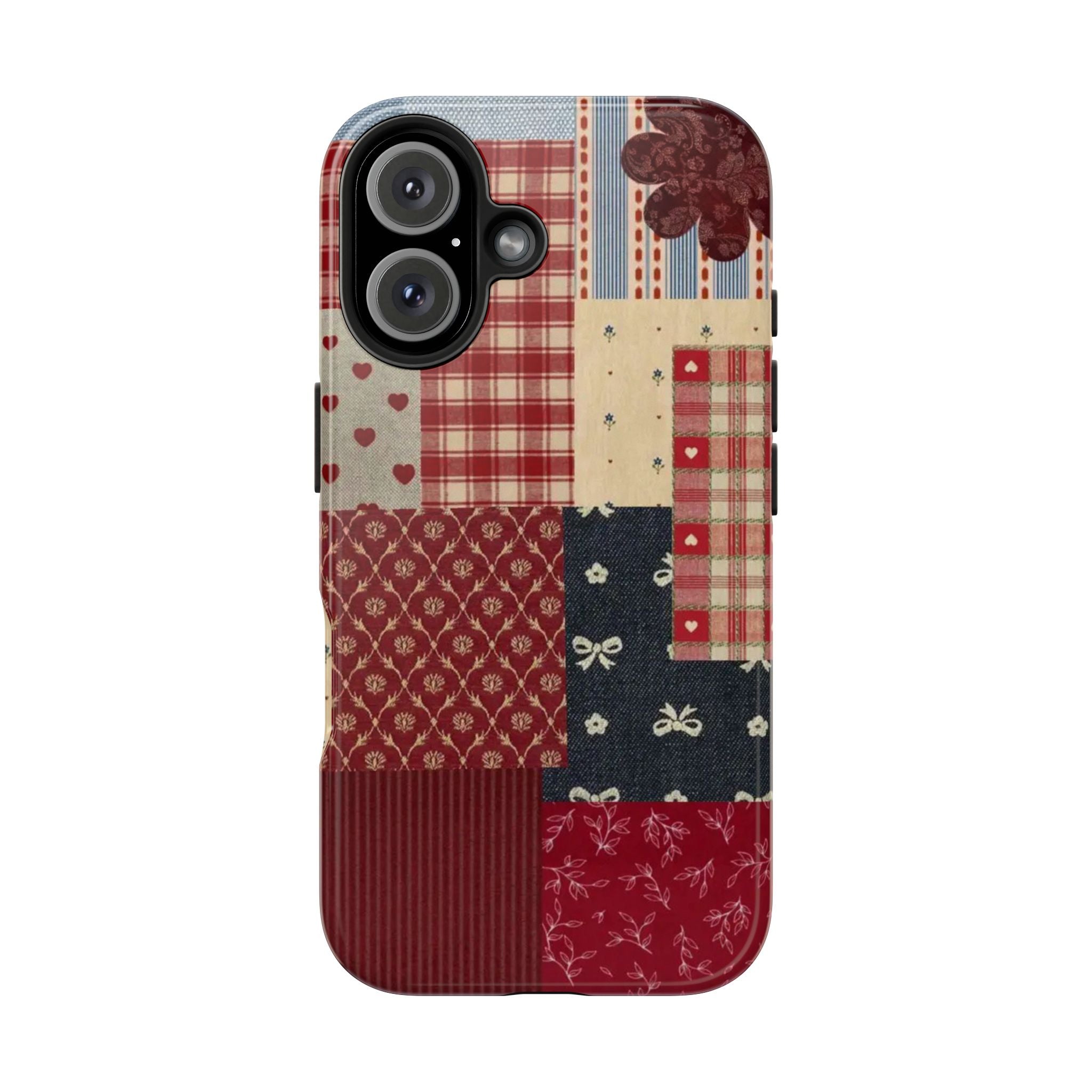 Red Patchwork Phone Case, Quilted Pattern Design, iPhone & Samsung Protective Cover, Rustic Farmhouse Style, Unique Gift for Women