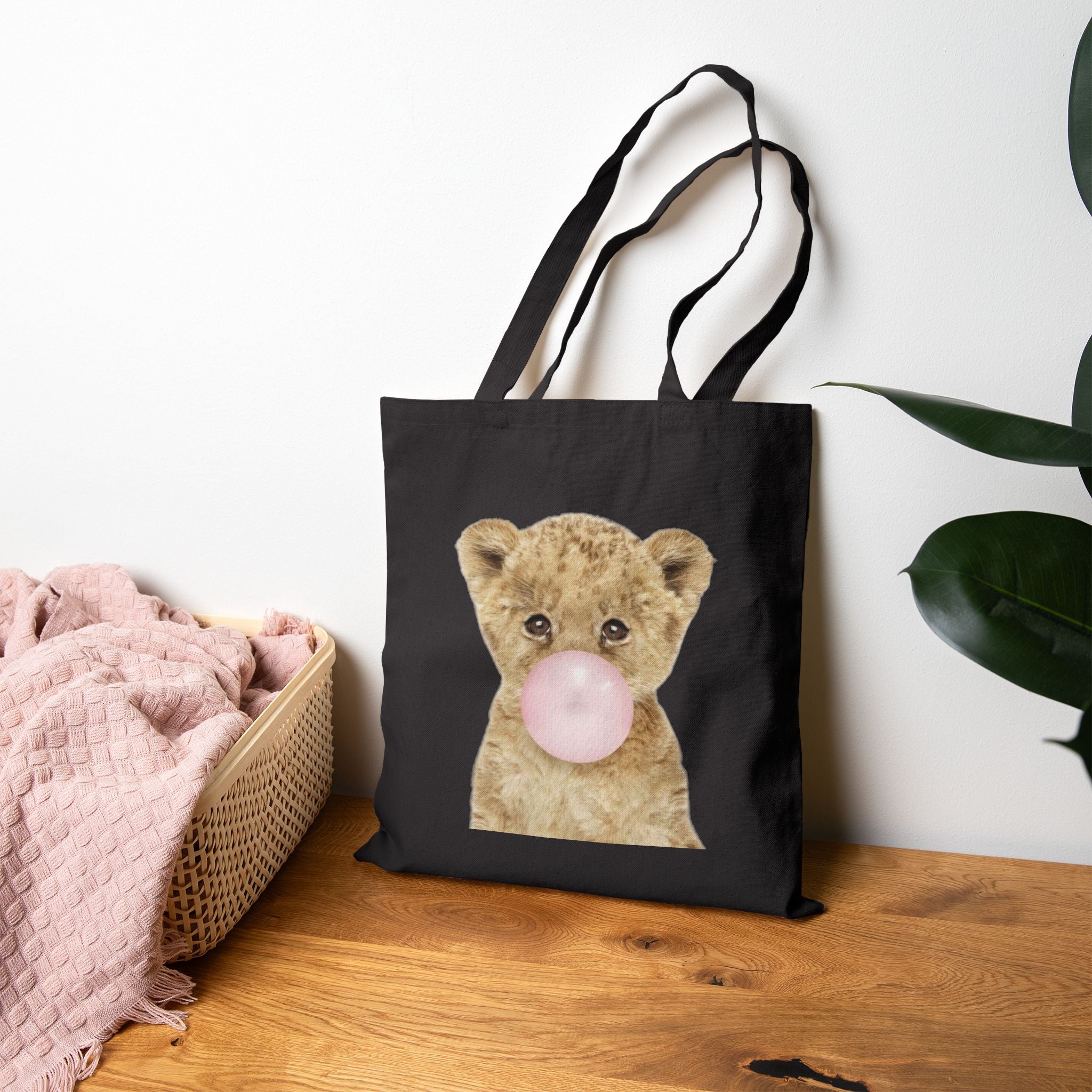 Cute Baby Lion Tote Bag, Bubblegum Animal Design, Aesthetic Cotton Canvas Bag, Reusable Shopping Gift, Wildlife Lover Accessory