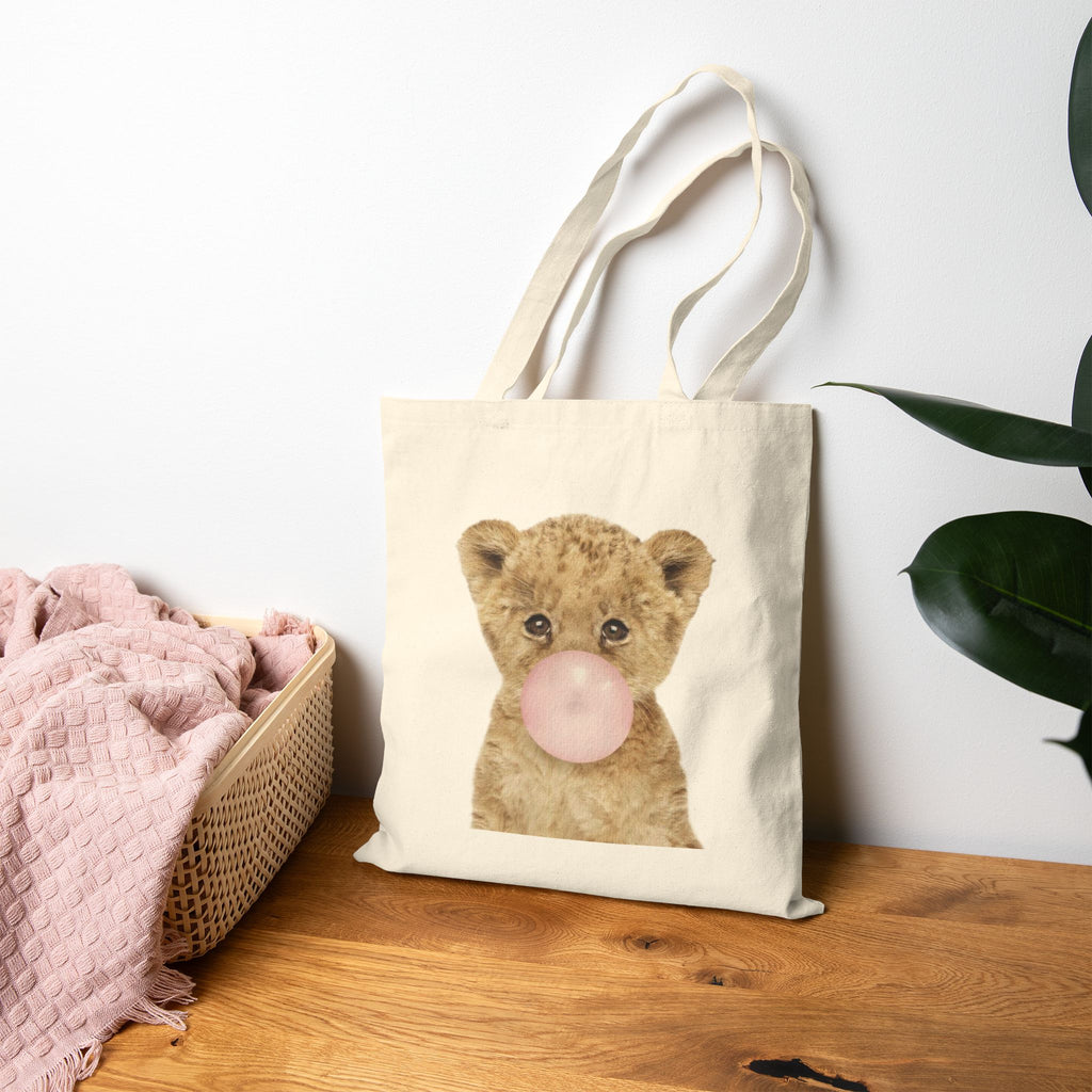Cute Baby Lion Tote Bag, Bubblegum Animal Design, Aesthetic Cotton Canvas Bag, Reusable Shopping Gift, Wildlife Lover Accessory