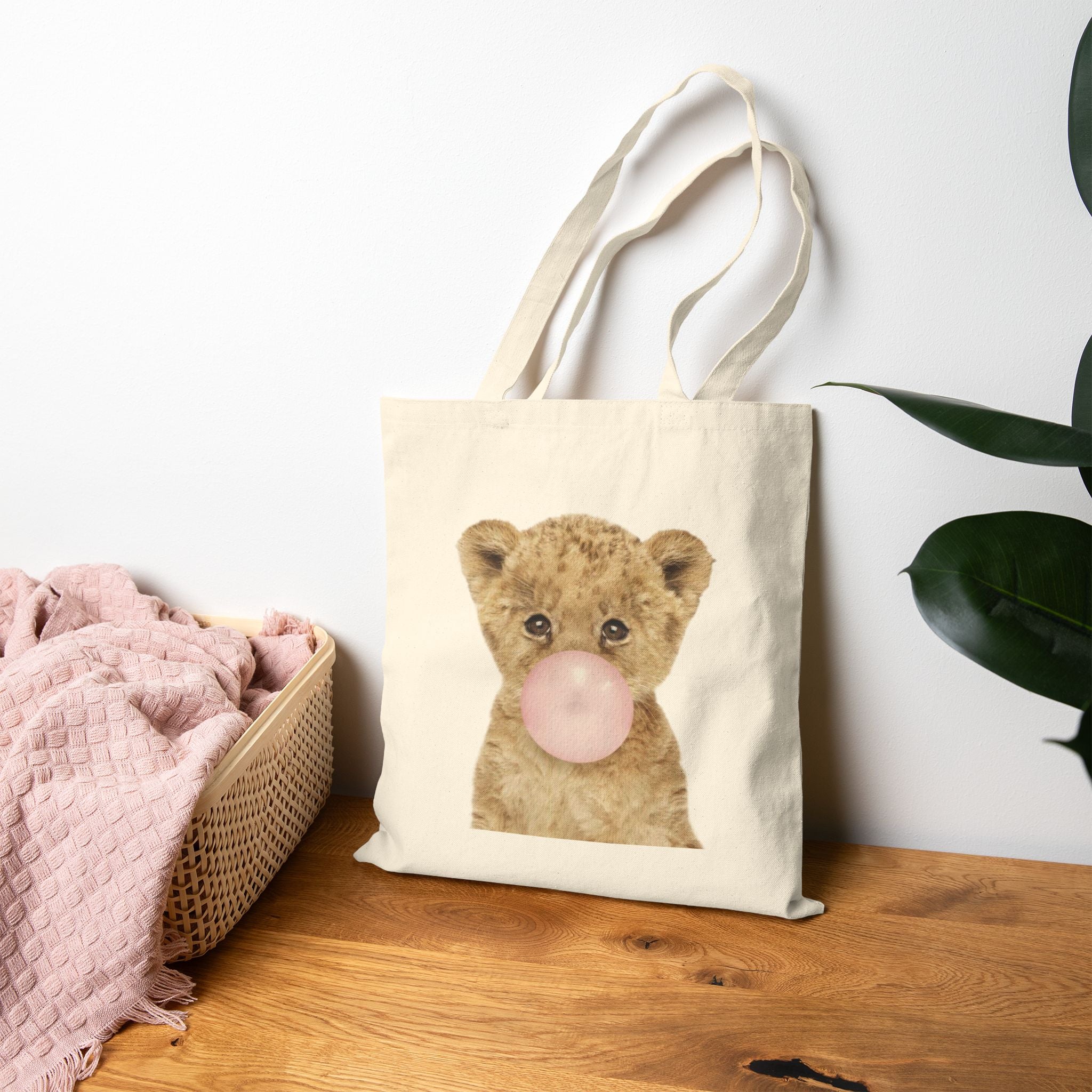 Cute Baby Lion Tote Bag, Bubblegum Animal Design, Aesthetic Cotton Canvas Bag, Reusable Shopping Gift, Wildlife Lover Accessory