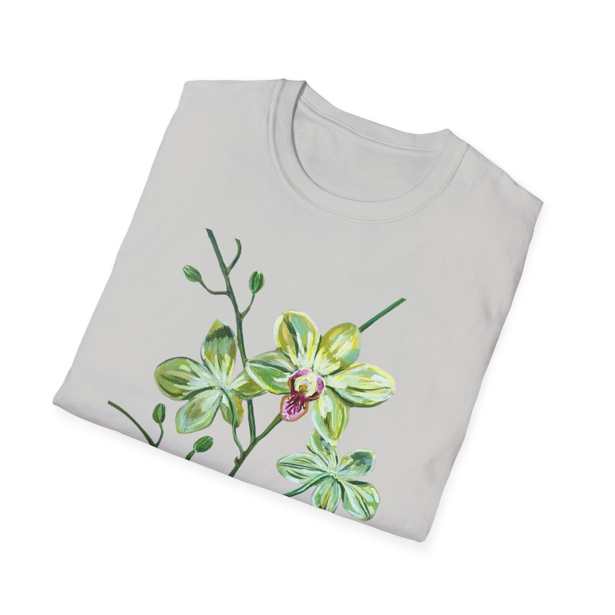 Green Orchid T-Shirt, Botanical Floral Graphic Tee, Nature Plant Art Shirt, Soft Cotton Apparel, Unique Gift for Women Men