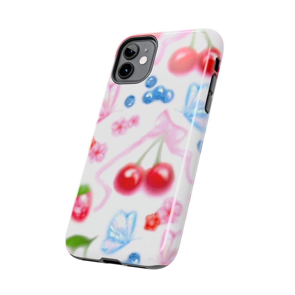 Cute Cherry Strawberry Phone Case, Bow Butterfly Design, iPhone & Samsung Protective Cover, Girls Women Fun Gift, Fruit Floral Pattern