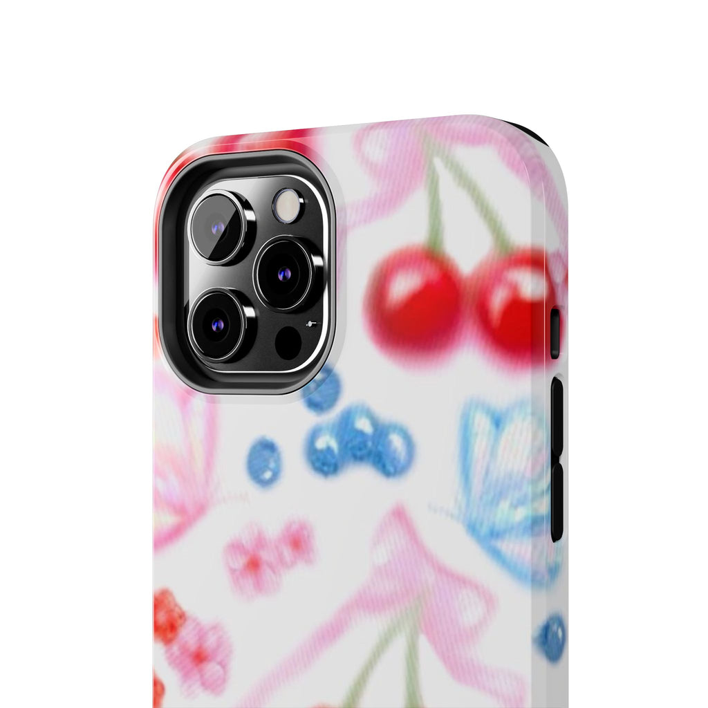 Cute Cherry Strawberry Phone Case, Bow Butterfly Design, iPhone & Samsung Protective Cover, Girls Women Fun Gift, Fruit Floral Pattern