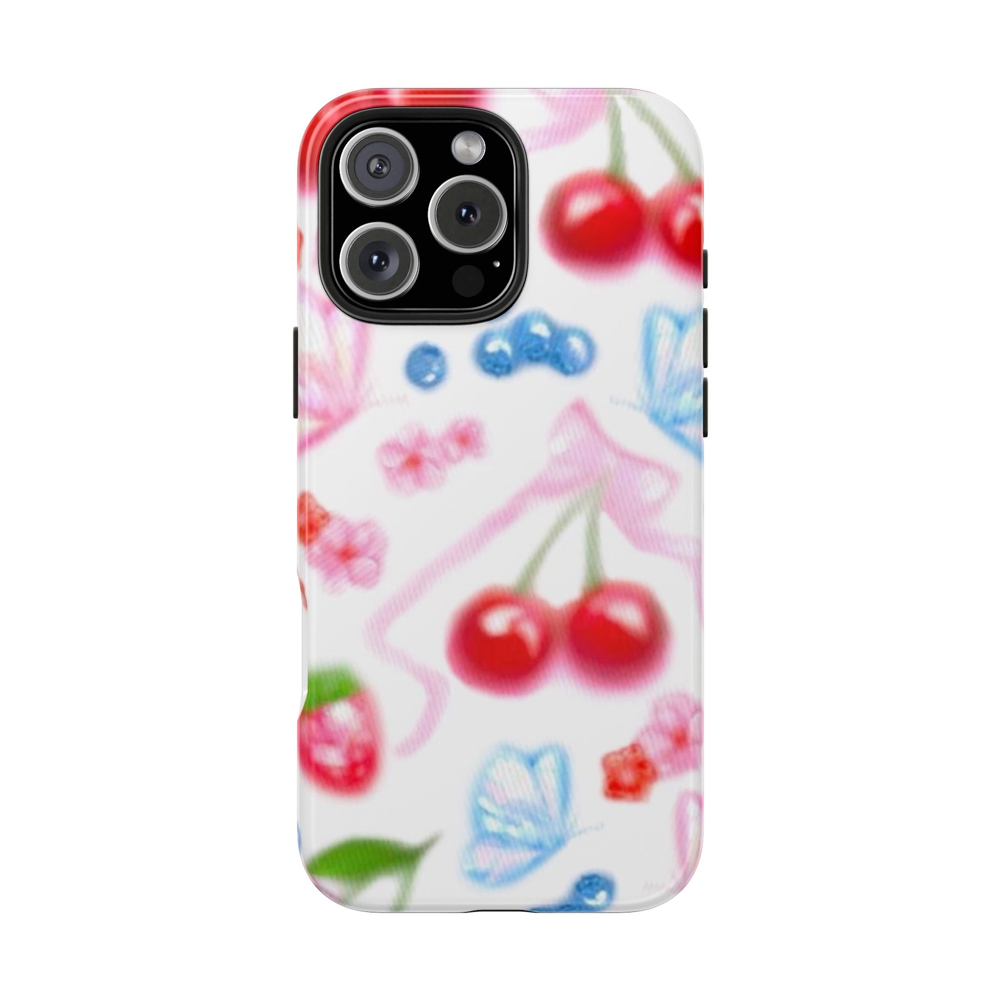 Cute Cherry Strawberry Phone Case, Bow Butterfly Design, iPhone & Samsung Protective Cover, Girls Women Fun Gift, Fruit Floral Pattern