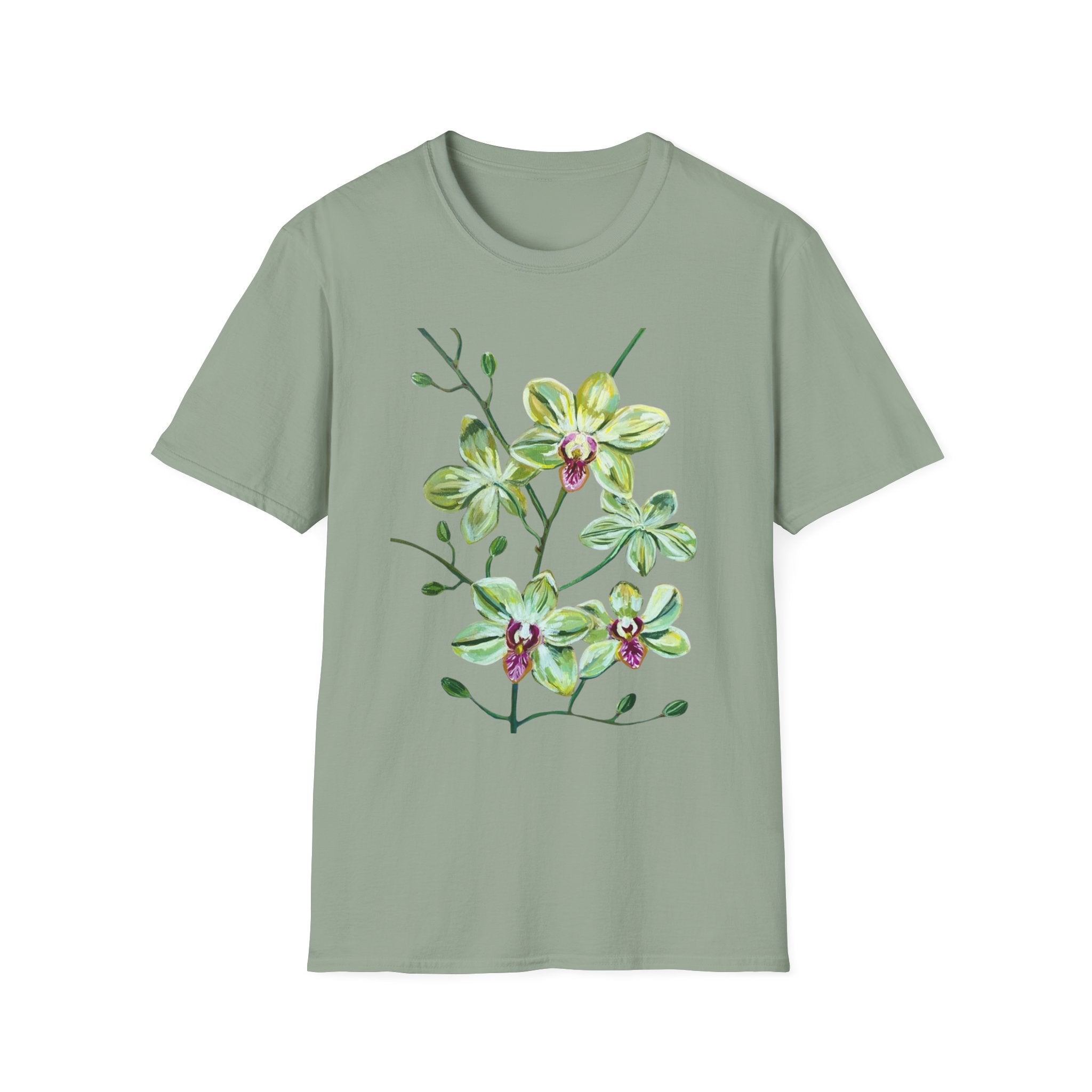 Green Orchid T-Shirt, Botanical Floral Graphic Tee, Nature Plant Art Shirt, Soft Cotton Apparel, Unique Gift for Women Men