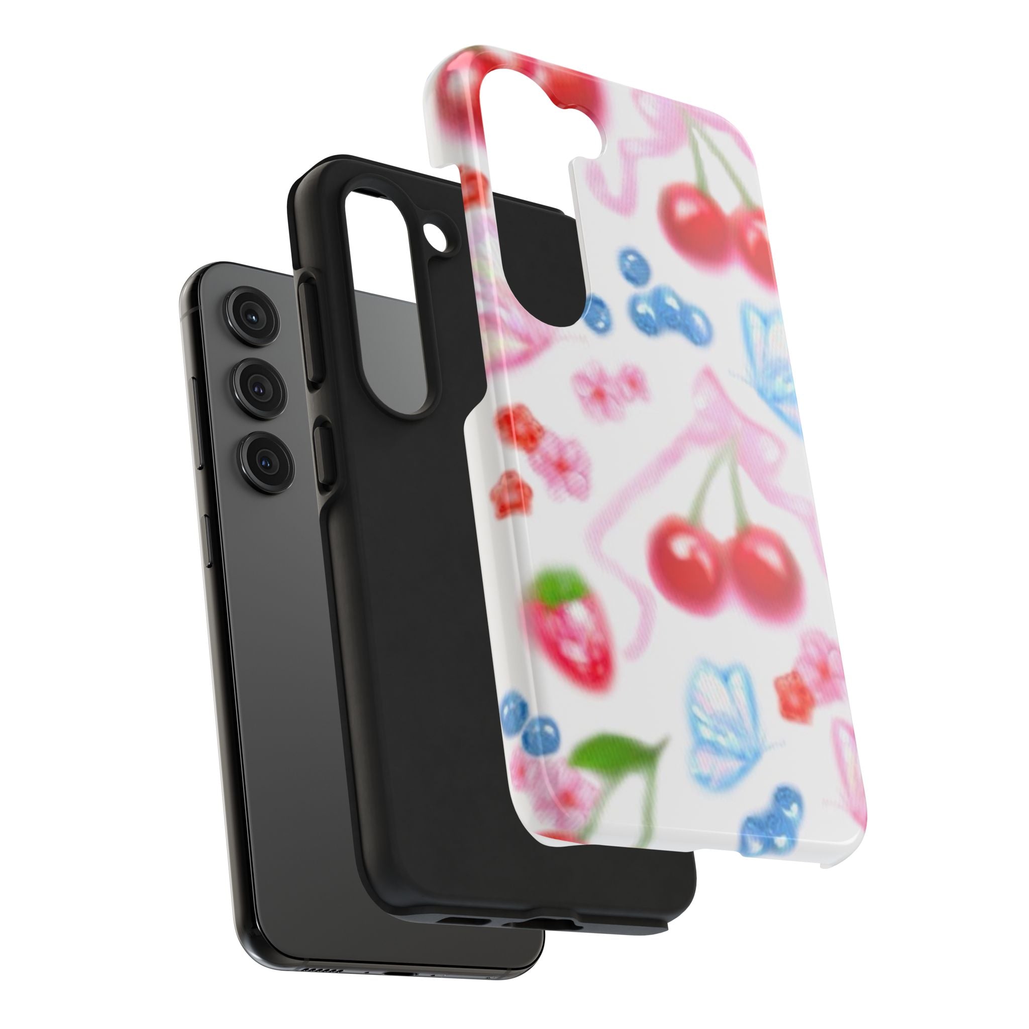 Cute Cherry Strawberry Phone Case, Bow Butterfly Design, iPhone & Samsung Protective Cover, Girls Women Fun Gift, Fruit Floral Pattern