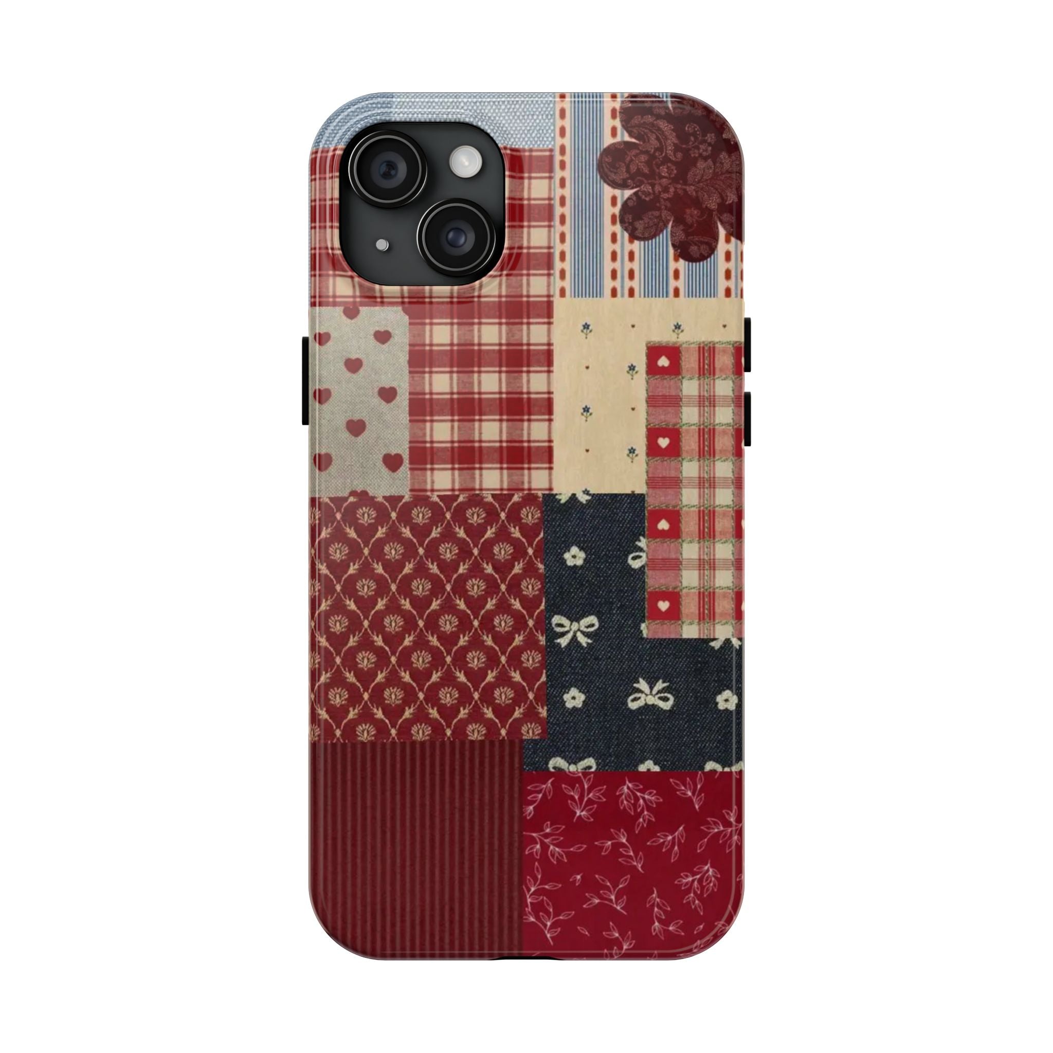 Red Patchwork Phone Case, Quilted Pattern Design, iPhone & Samsung Protective Cover, Rustic Farmhouse Style, Unique Gift for Women