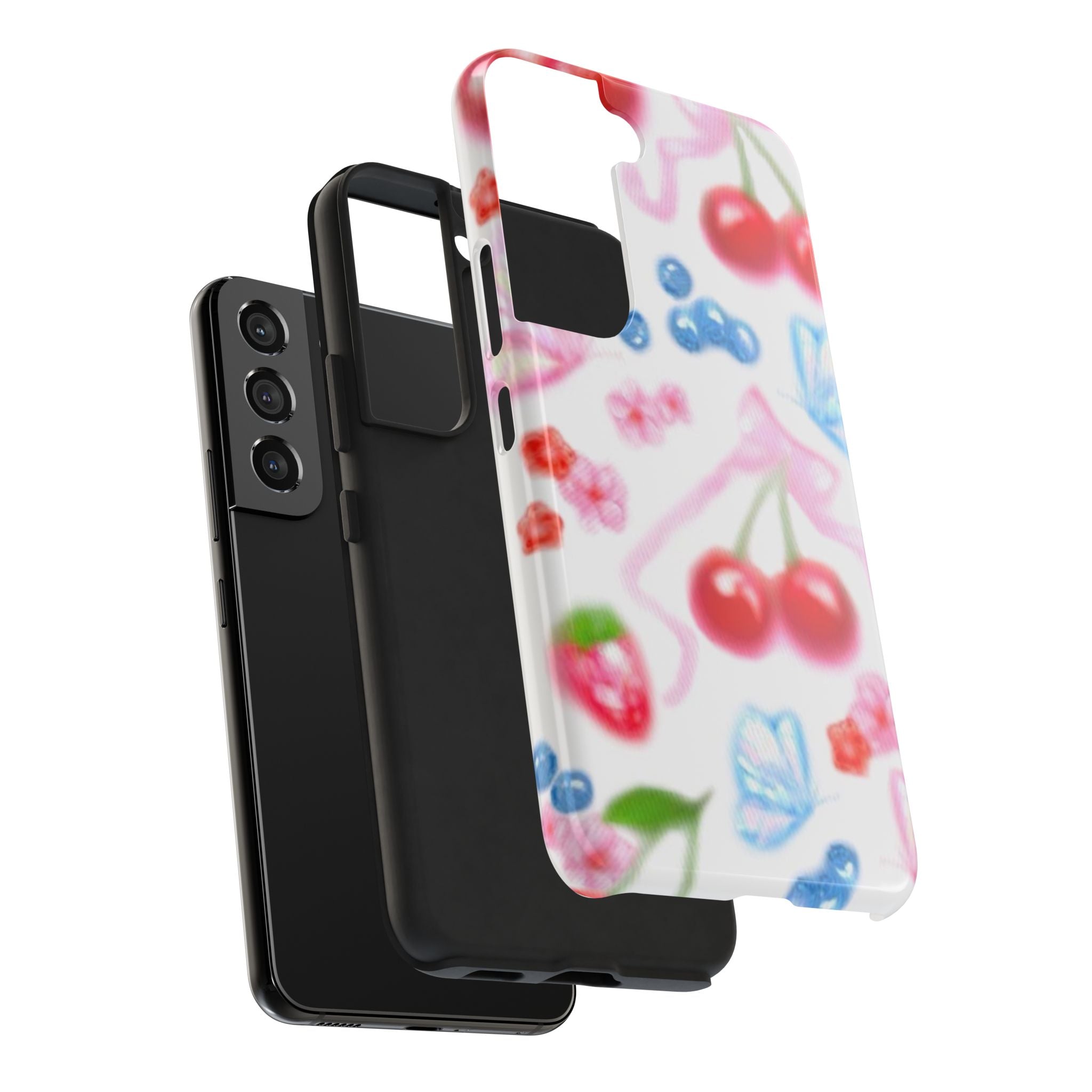 Cute Cherry Strawberry Phone Case, Bow Butterfly Design, iPhone & Samsung Protective Cover, Girls Women Fun Gift, Fruit Floral Pattern