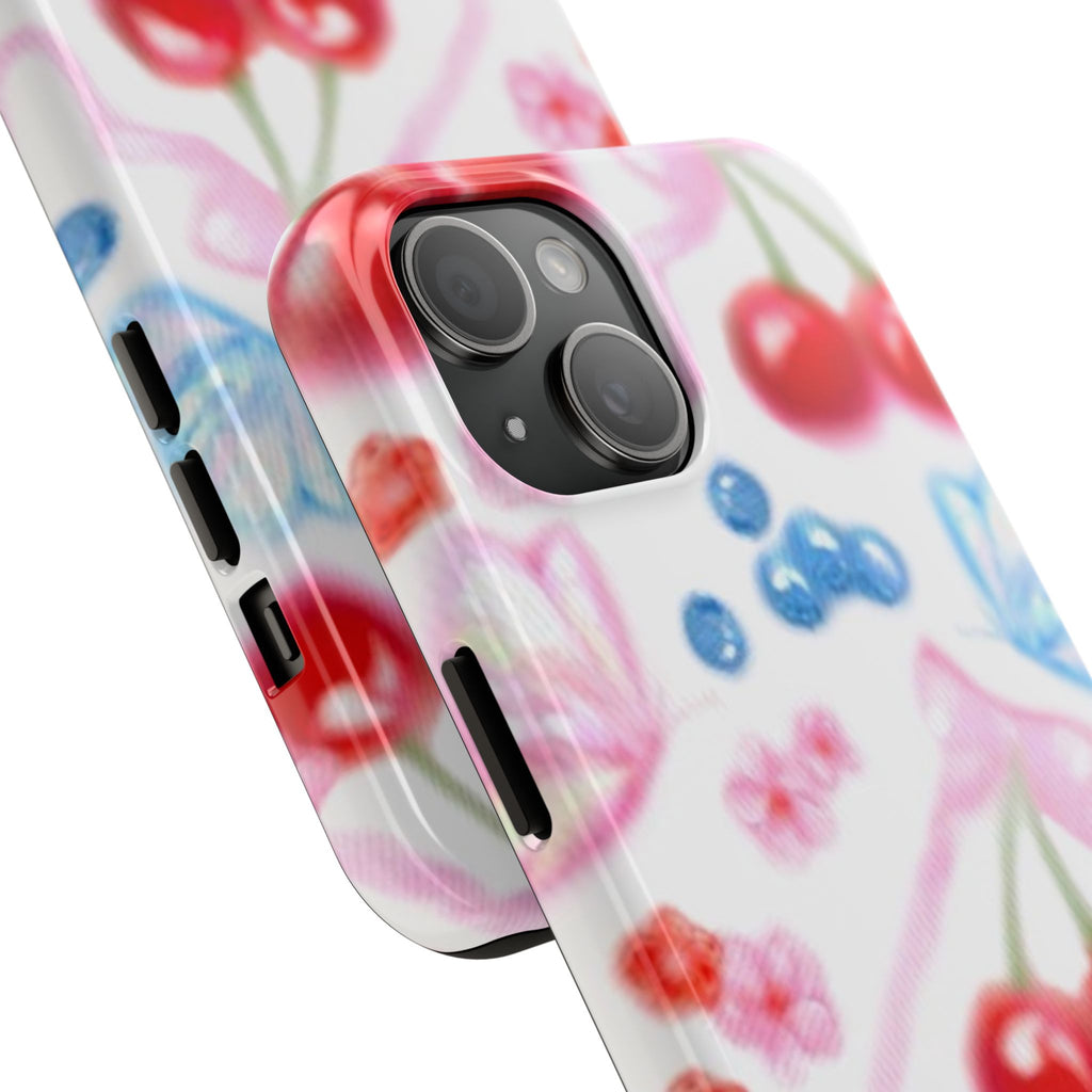 Cute Cherry Strawberry Phone Case, Bow Butterfly Design, iPhone & Samsung Protective Cover, Girls Women Fun Gift, Fruit Floral Pattern
