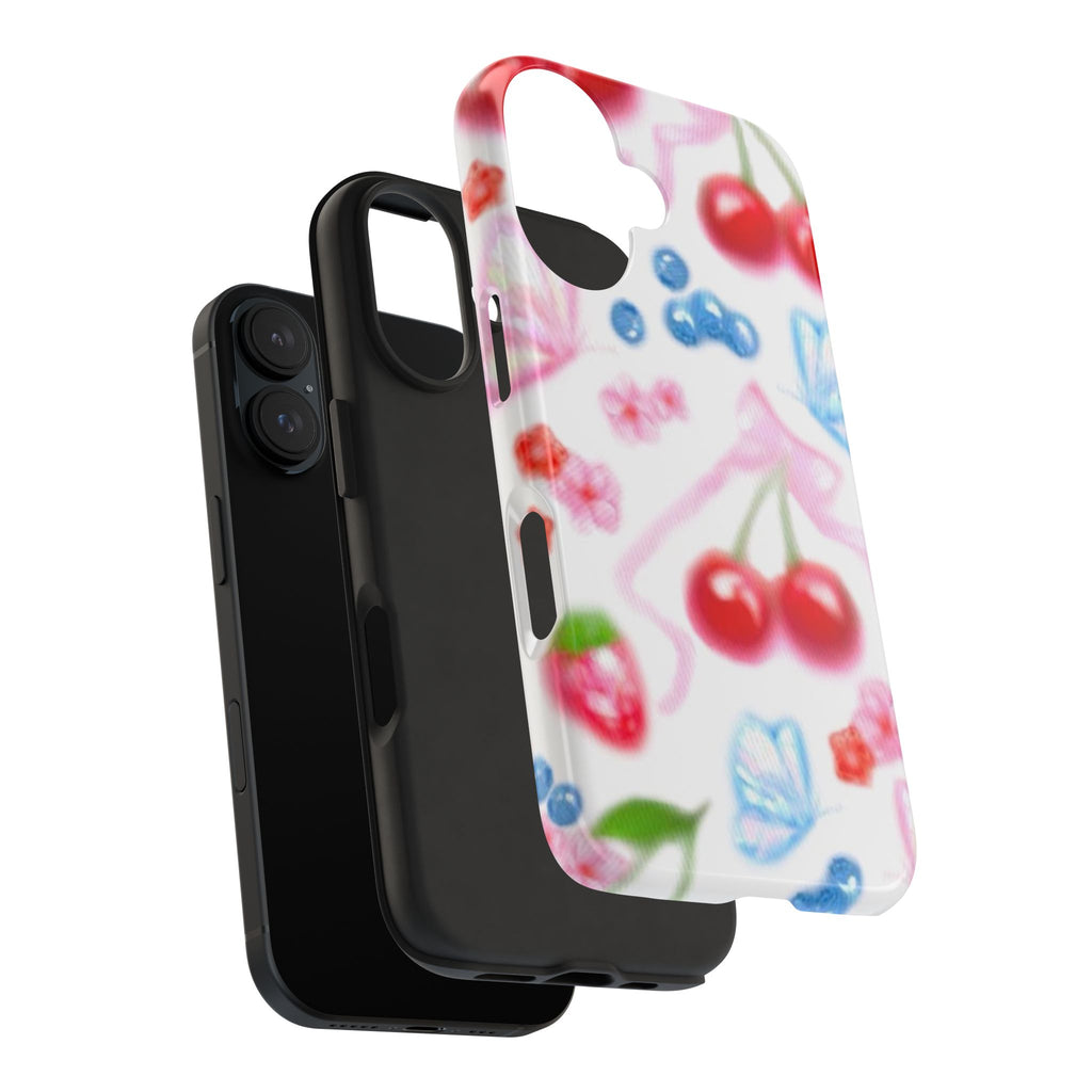Cute Cherry Strawberry Phone Case, Bow Butterfly Design, iPhone & Samsung Protective Cover, Girls Women Fun Gift, Fruit Floral Pattern