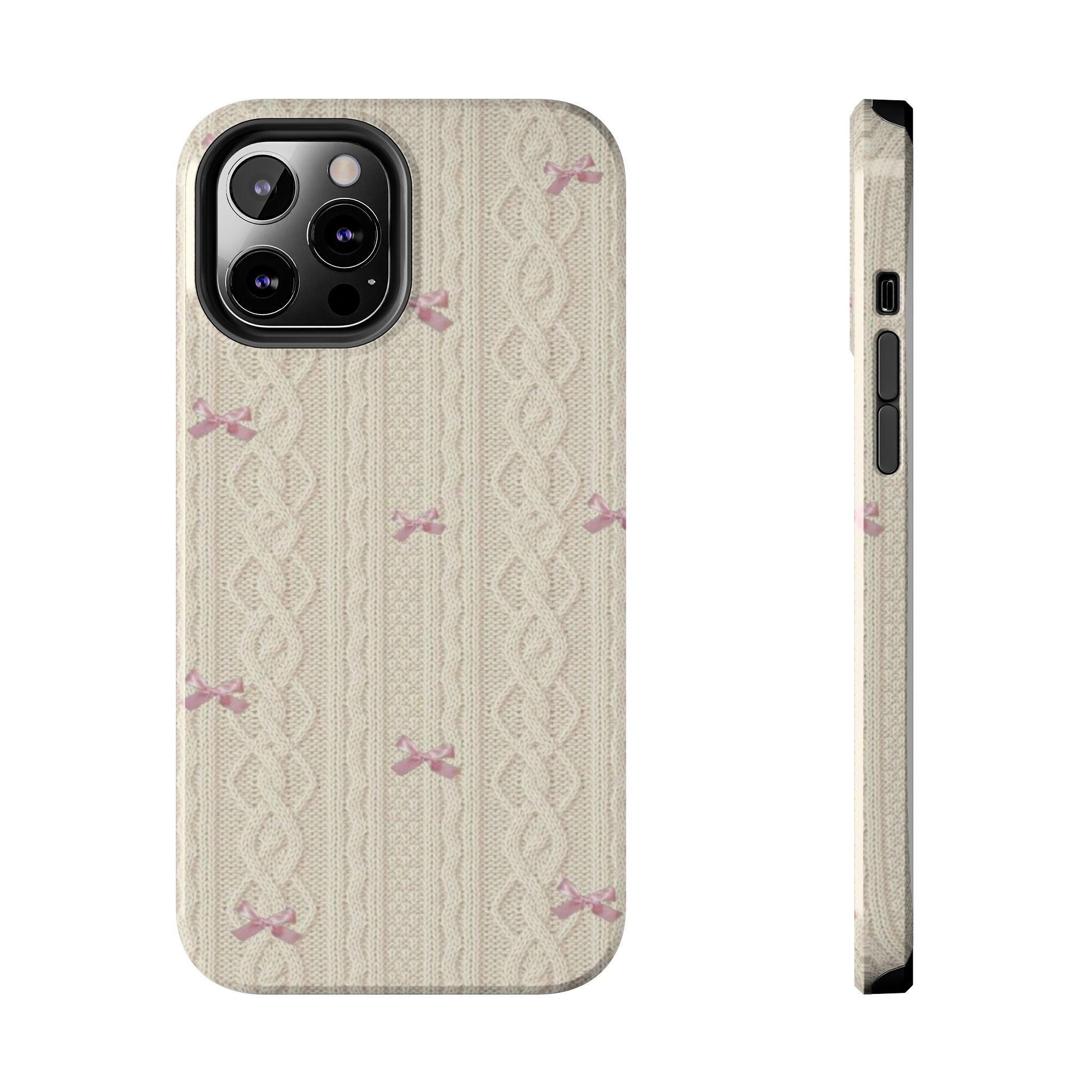 Knitted Sweater Phone Case, Cute Pink Bow Design, iPhone & Samsung Protective Cover, Cozy Aesthetic Pattern, Girls Women Unique Gift