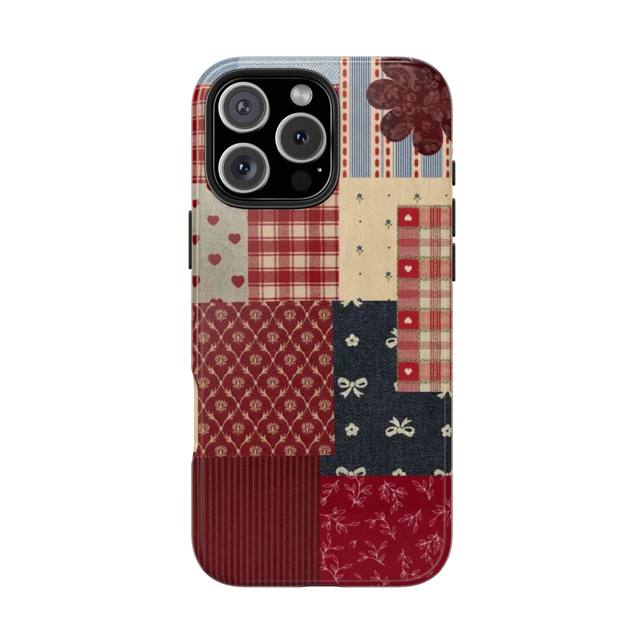 Red Patchwork Phone Case, Quilted Pattern Design, iPhone & Samsung Protective Cover, Rustic Farmhouse Style, Unique Gift for Women