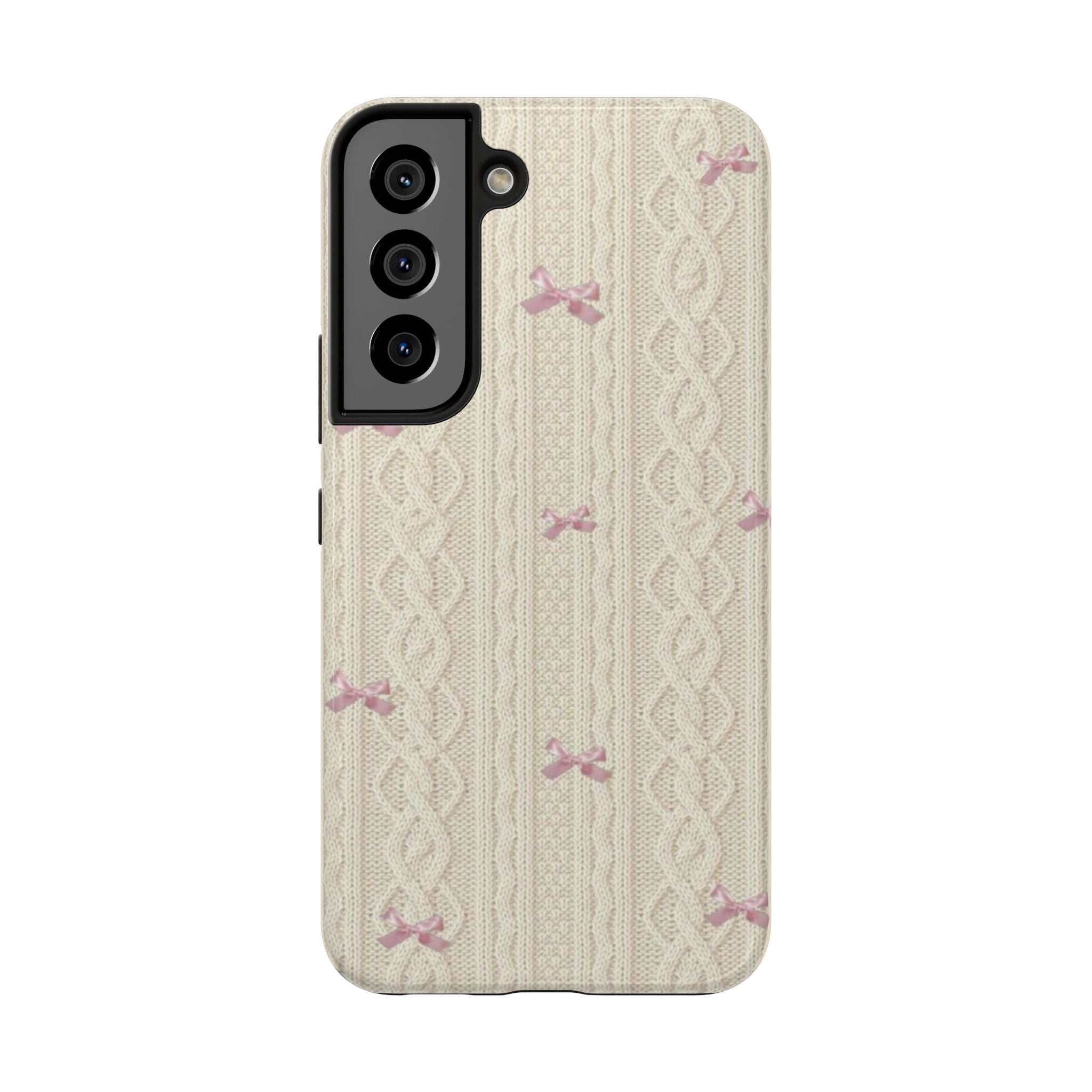 Knitted Sweater Phone Case, Cute Pink Bow Design, iPhone & Samsung Protective Cover, Cozy Aesthetic Pattern, Girls Women Unique Gift