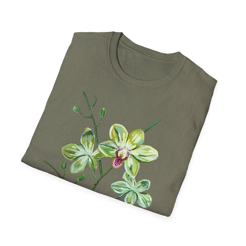 Green Orchid T-Shirt, Botanical Floral Graphic Tee, Nature Plant Art Shirt, Soft Cotton Apparel, Unique Gift for Women Men