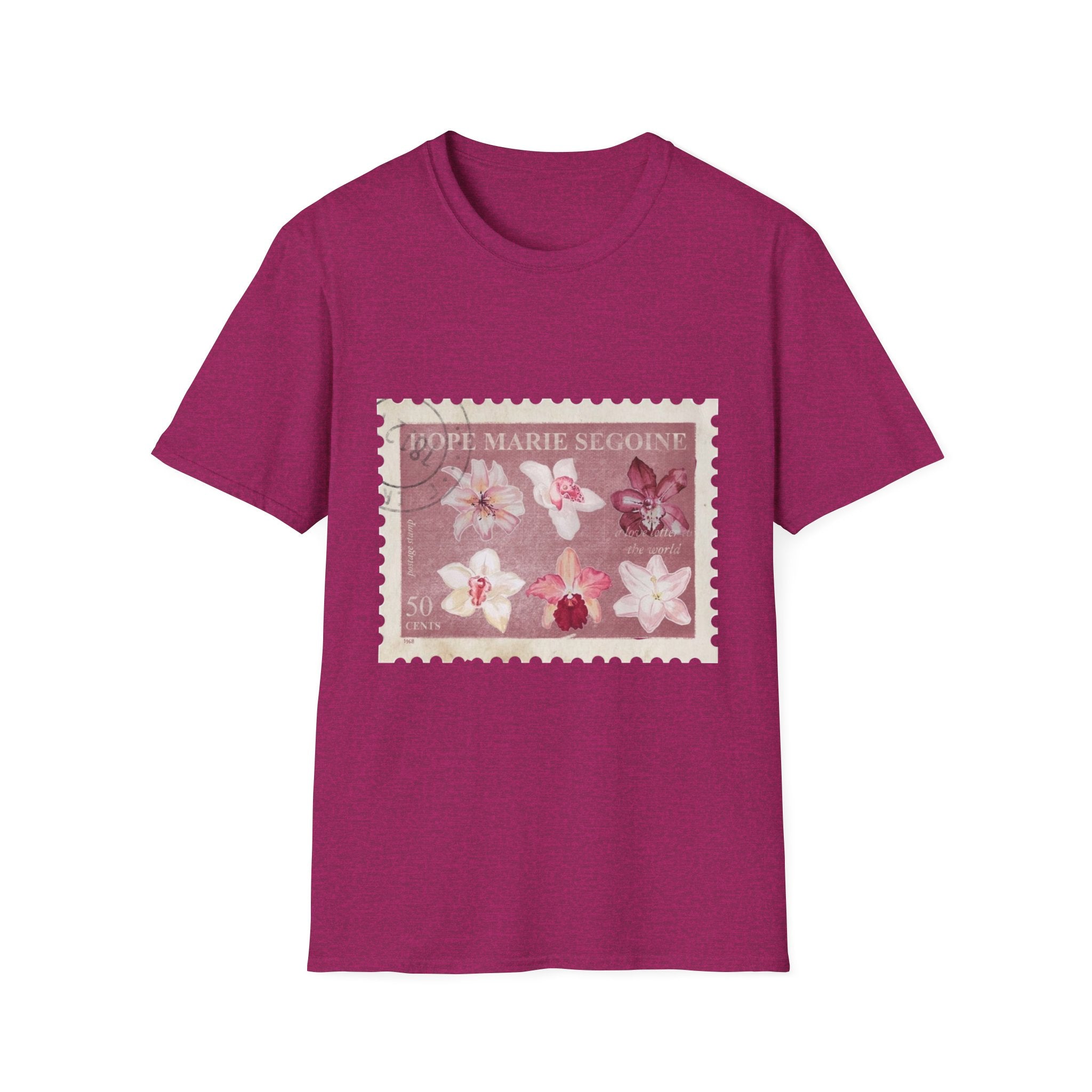 Vintage Flower Stamp T-Shirt, Botanical Orchid Graphic Tee, Retro Floral Art Shirt, Soft Cotton Apparel, Unique Gift for Women Men