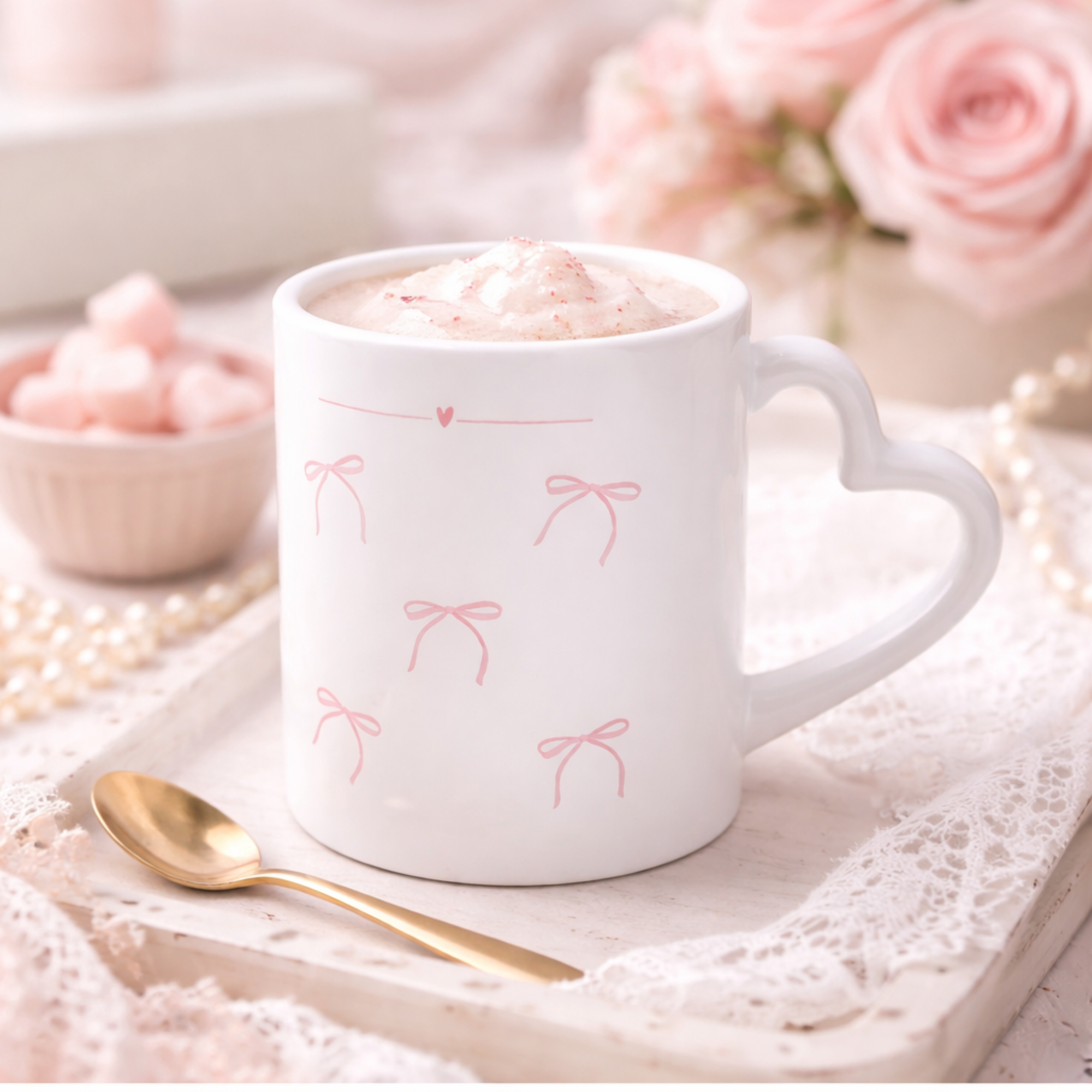 Heart-Shaped Mug, Pink Bow Handle Cup, Cute Ceramic Cup
