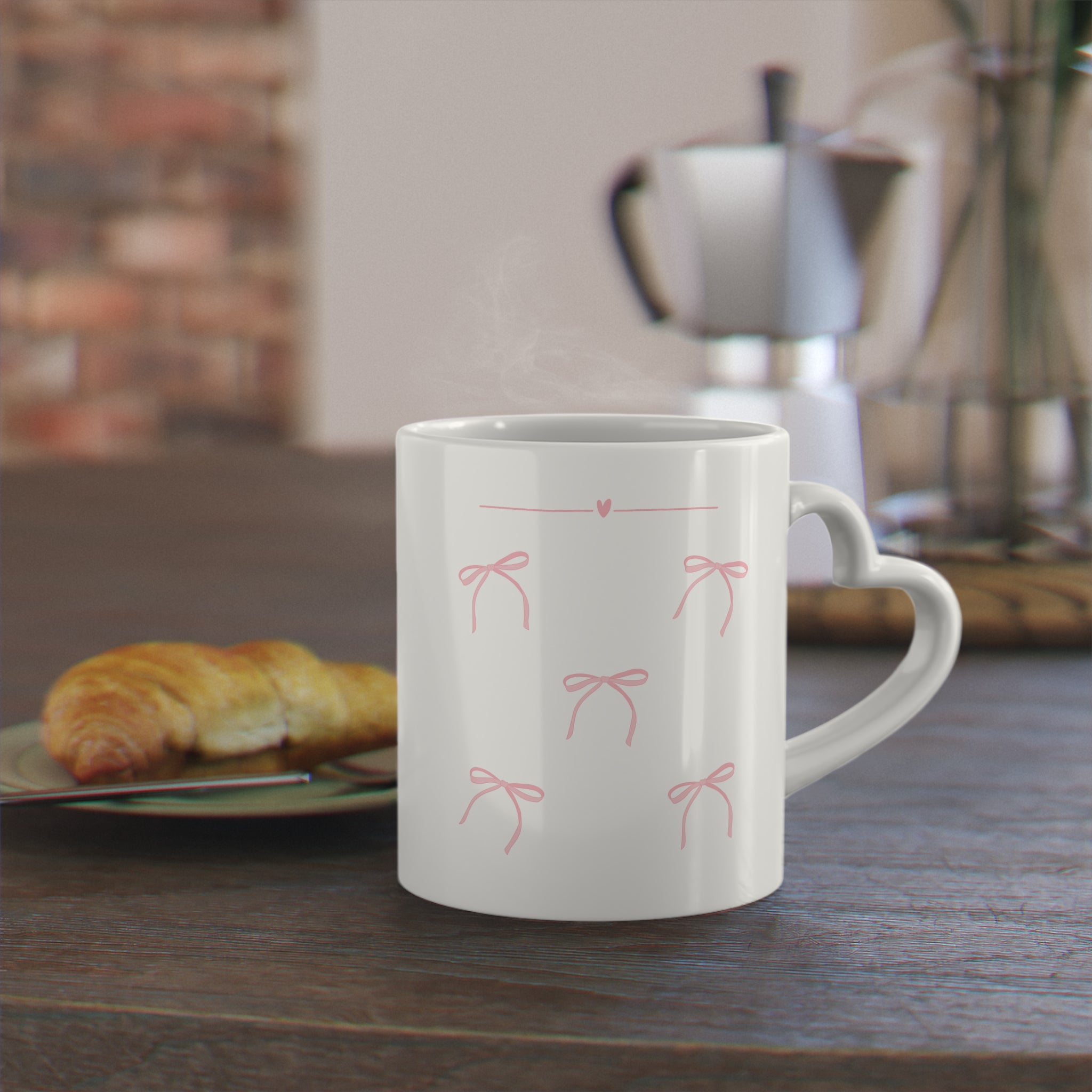 Heart-Shaped Mug, Pink Bow Handle Cup, Cute Ceramic Cup