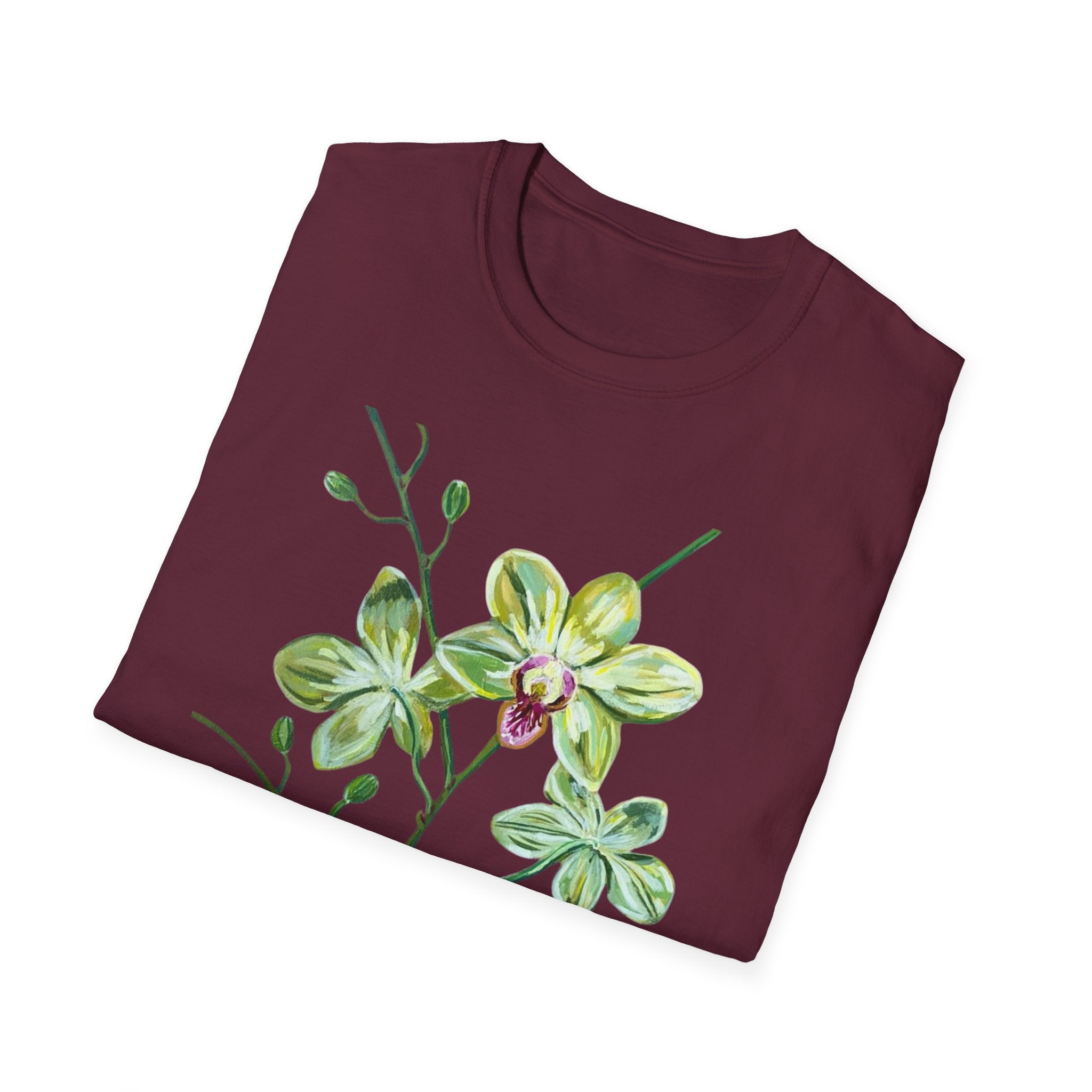 Green Orchid T-Shirt, Botanical Floral Graphic Tee, Nature Plant Art Shirt, Soft Cotton Apparel, Unique Gift for Women Men