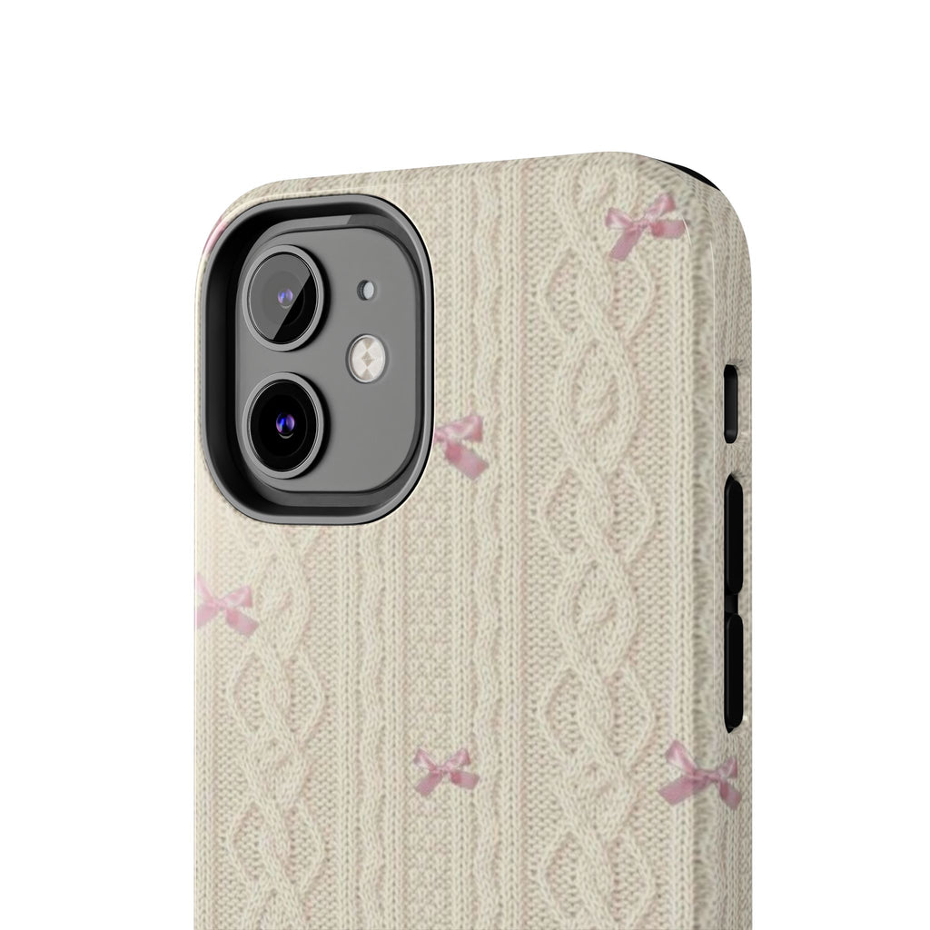 Knitted Sweater Phone Case, Cute Pink Bow Design, iPhone & Samsung Protective Cover, Cozy Aesthetic Pattern, Girls Women Unique Gift