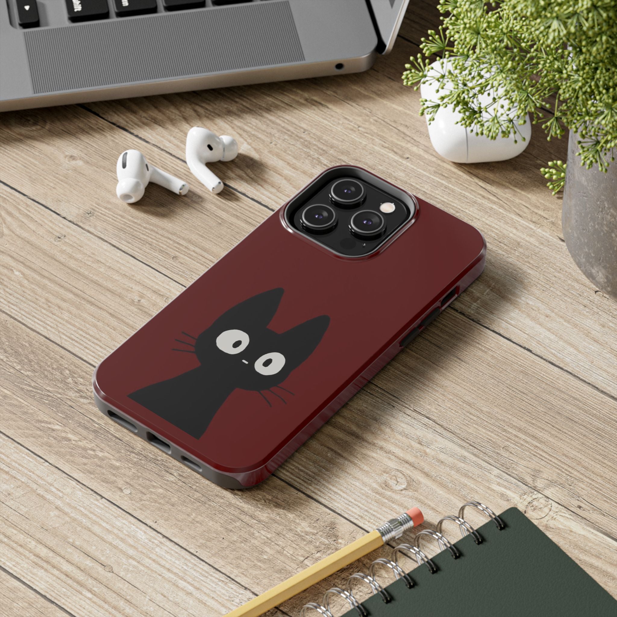 Black Cat Phone Case – Minimal Cute Design, Slim Protective Burgundy Cover