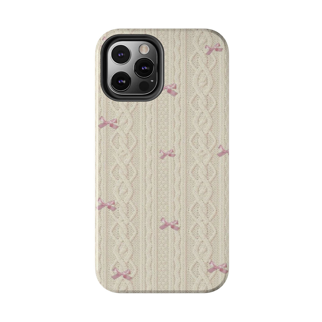 Knitted Sweater Phone Case, Cute Pink Bow Design, iPhone & Samsung Protective Cover, Cozy Aesthetic Pattern, Girls Women Unique Gift