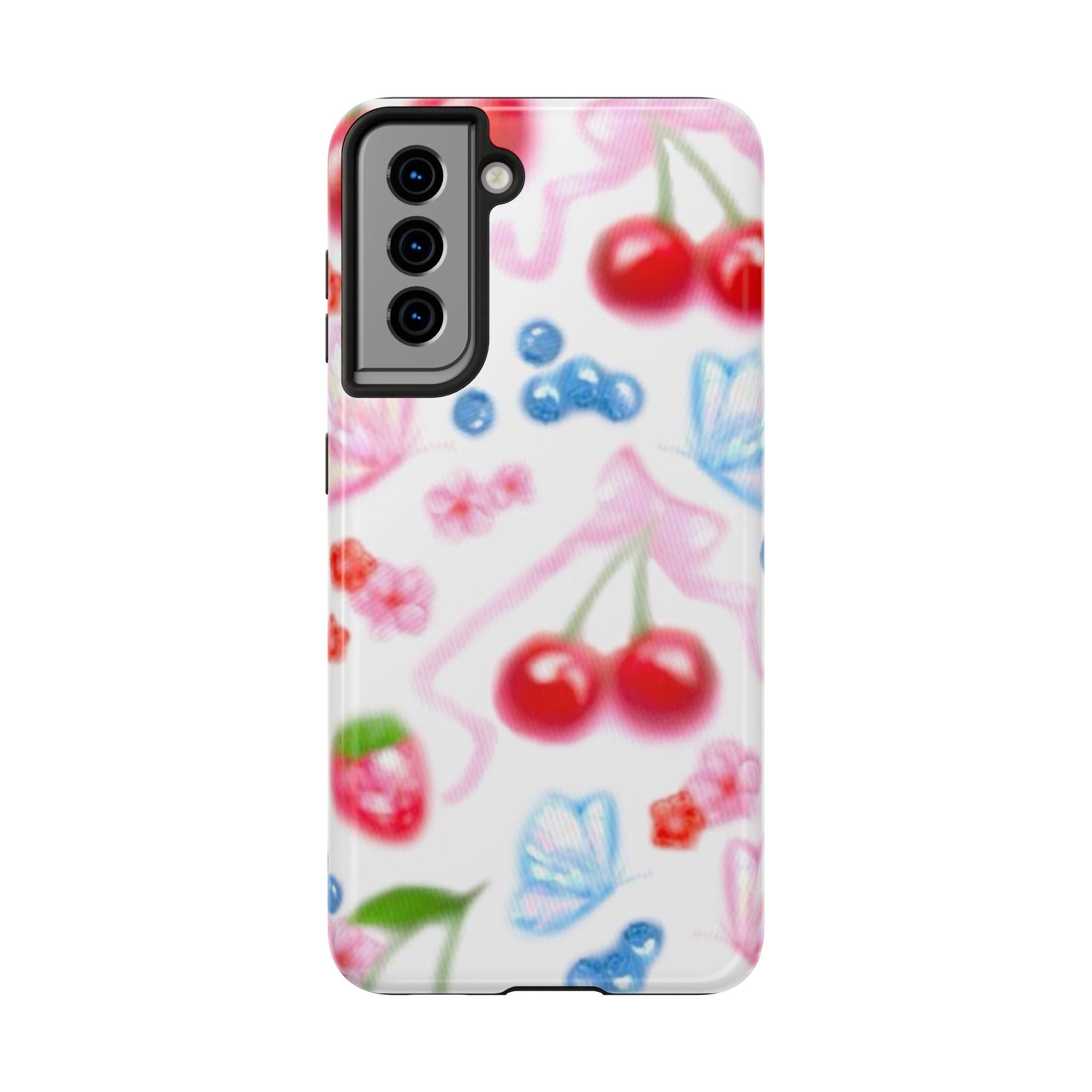 Cute Cherry Strawberry Phone Case, Bow Butterfly Design, iPhone & Samsung Protective Cover, Girls Women Fun Gift, Fruit Floral Pattern