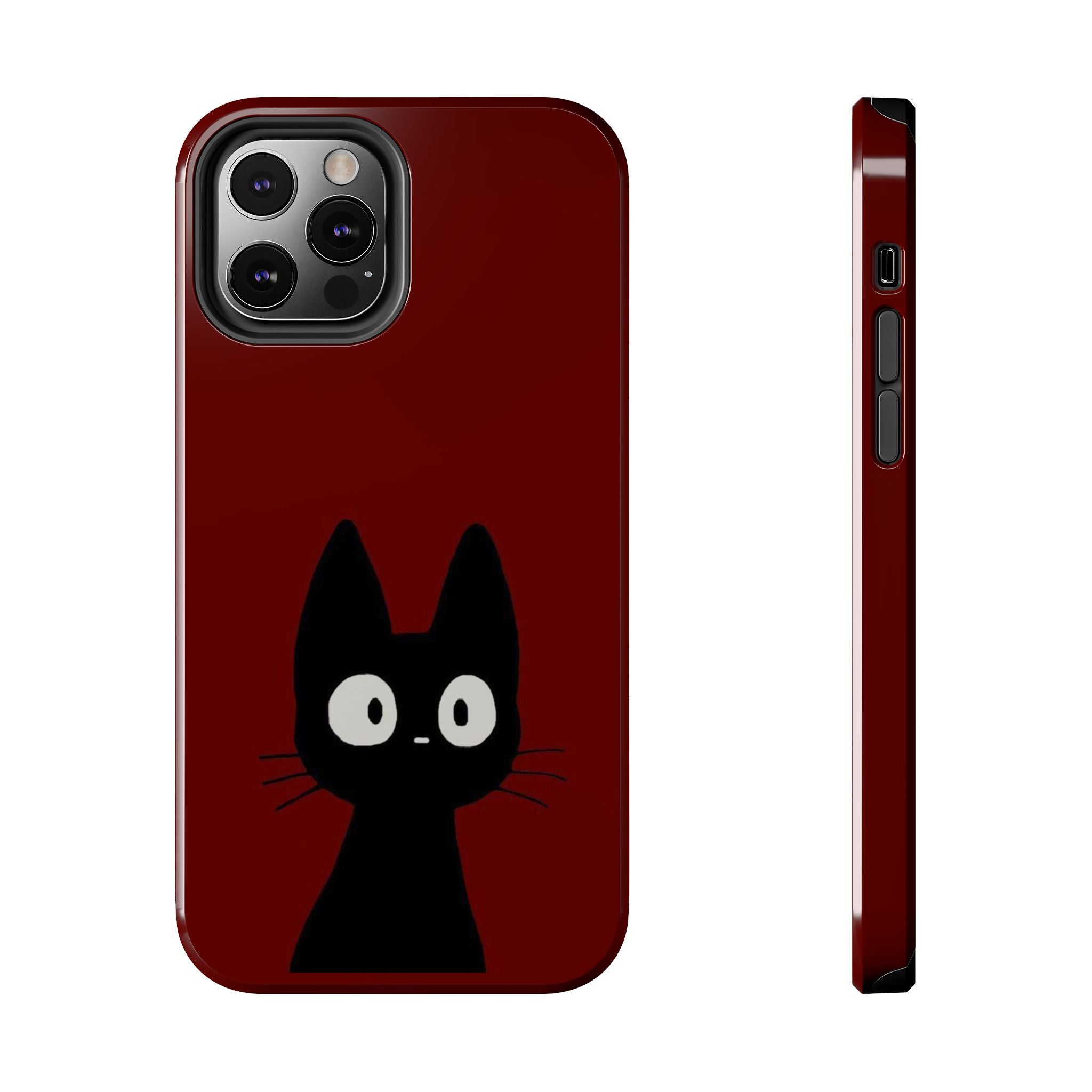 Black Cat Phone Case – Minimal Cute Design, Slim Protective Burgundy Cover