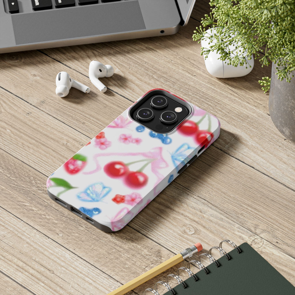 Cute Cherry Strawberry Phone Case, Bow Butterfly Design, iPhone & Samsung Protective Cover, Girls Women Fun Gift, Fruit Floral Pattern