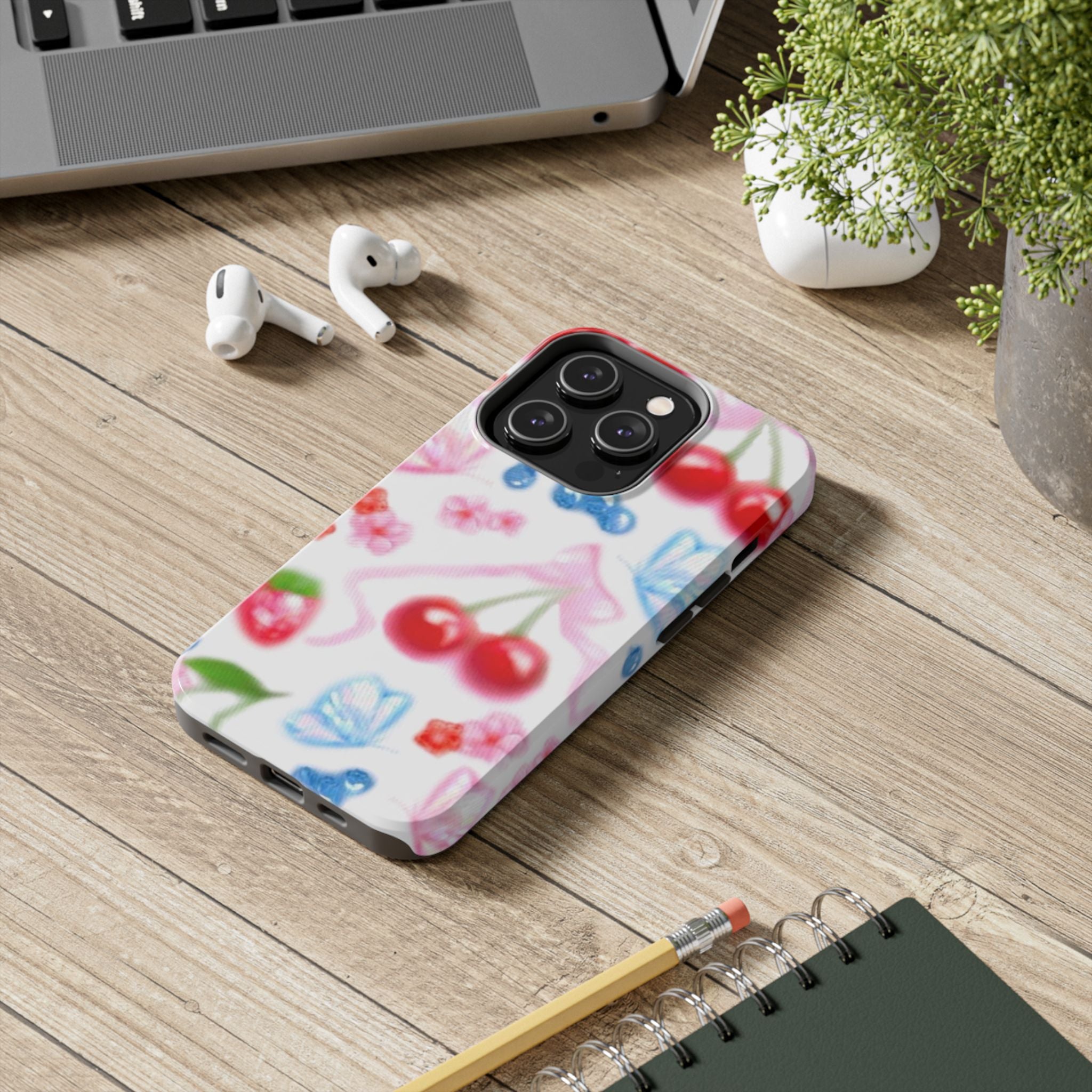 Cute Cherry Strawberry Phone Case, Bow Butterfly Design, iPhone & Samsung Protective Cover, Girls Women Fun Gift, Fruit Floral Pattern