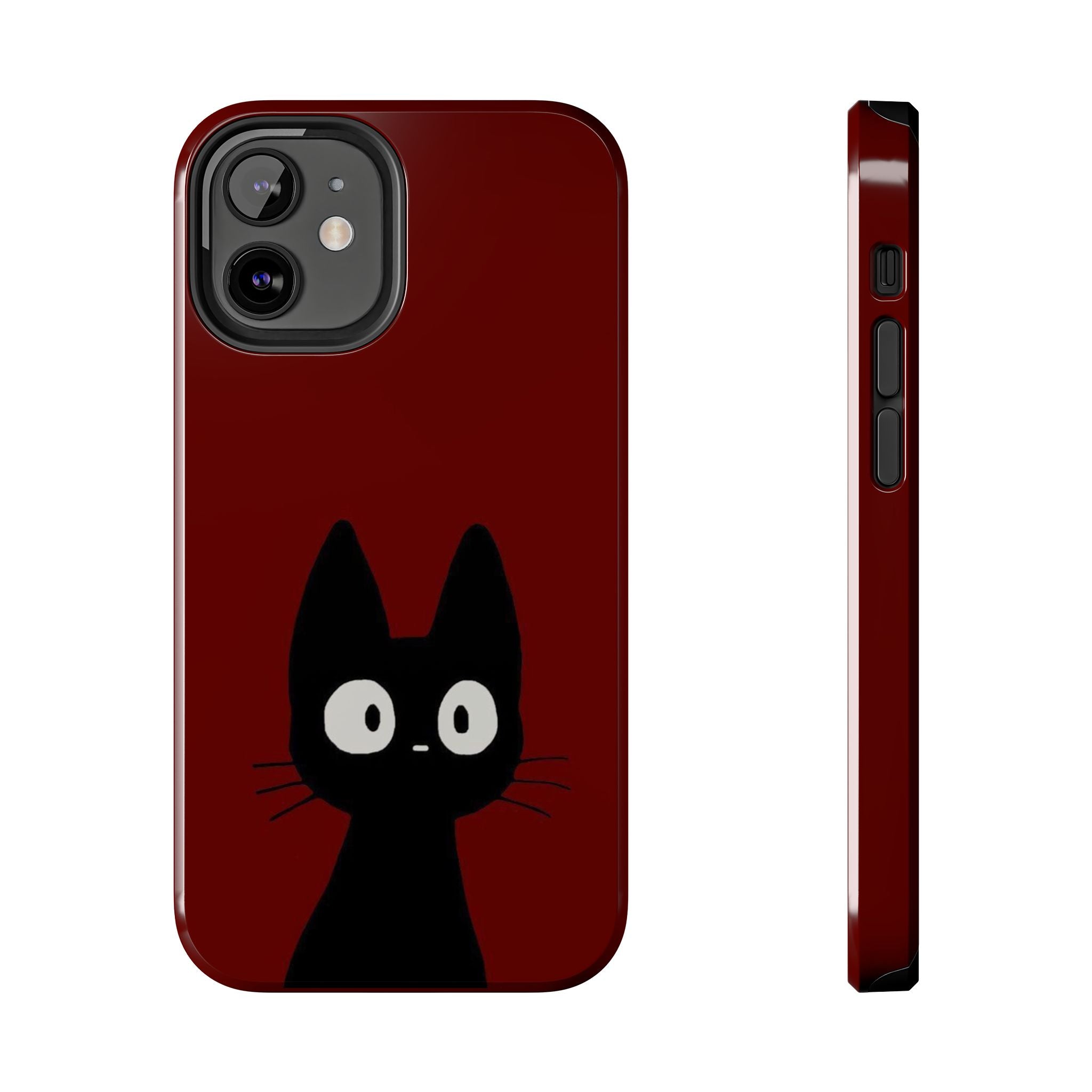 Black Cat Phone Case – Minimal Cute Design, Slim Protective Burgundy Cover