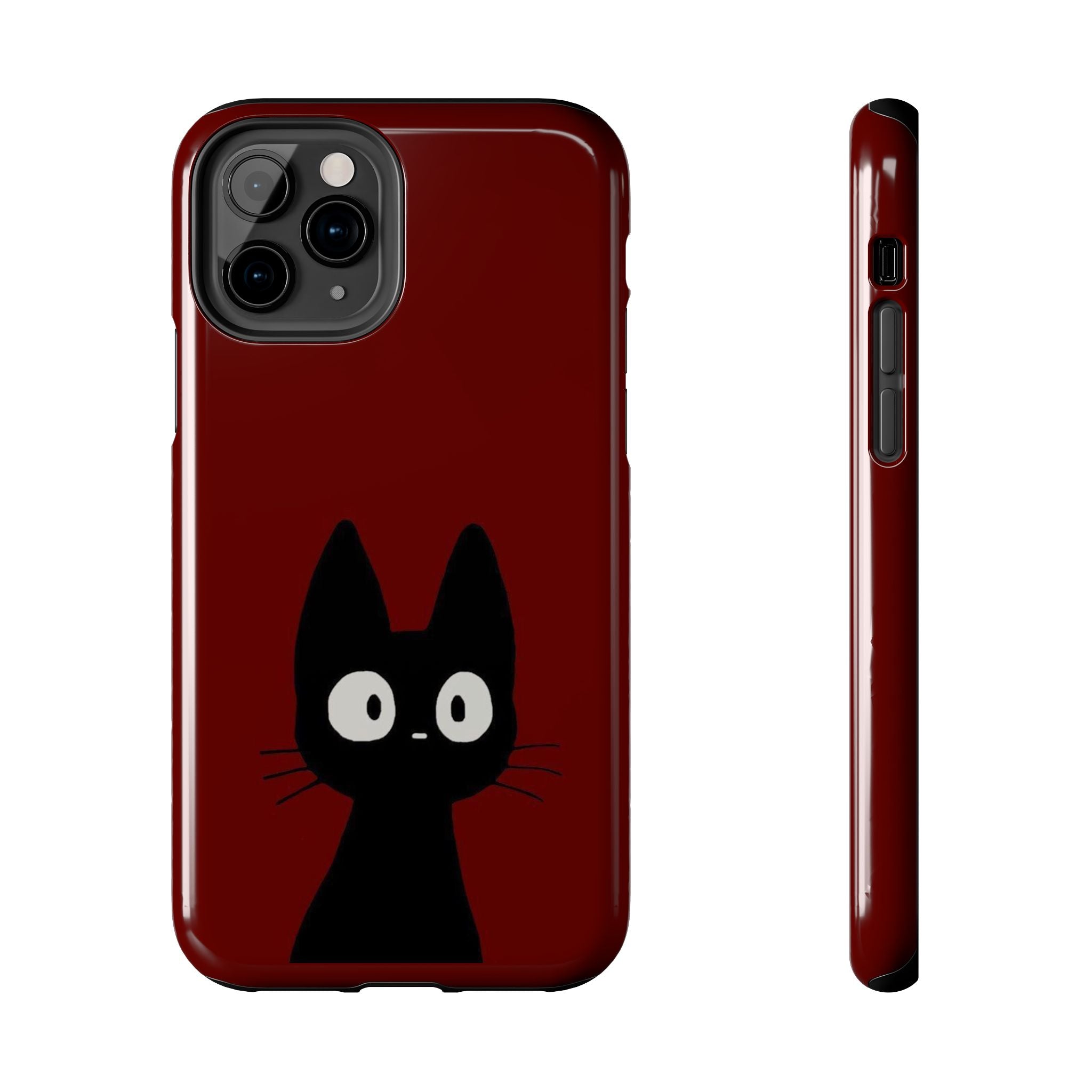 Black Cat Phone Case – Minimal Cute Design, Slim Protective Burgundy Cover