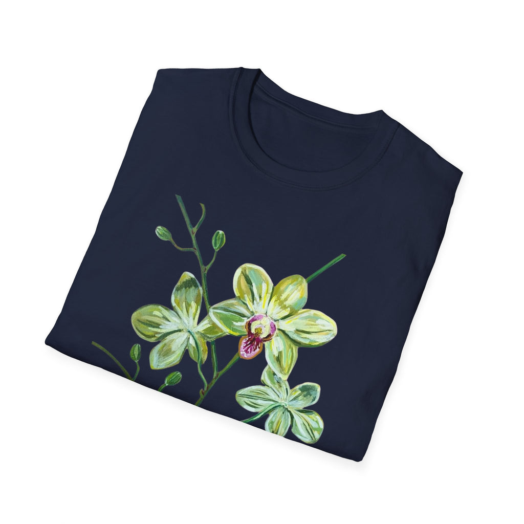 Green Orchid T-Shirt, Botanical Floral Graphic Tee, Nature Plant Art Shirt, Soft Cotton Apparel, Unique Gift for Women Men