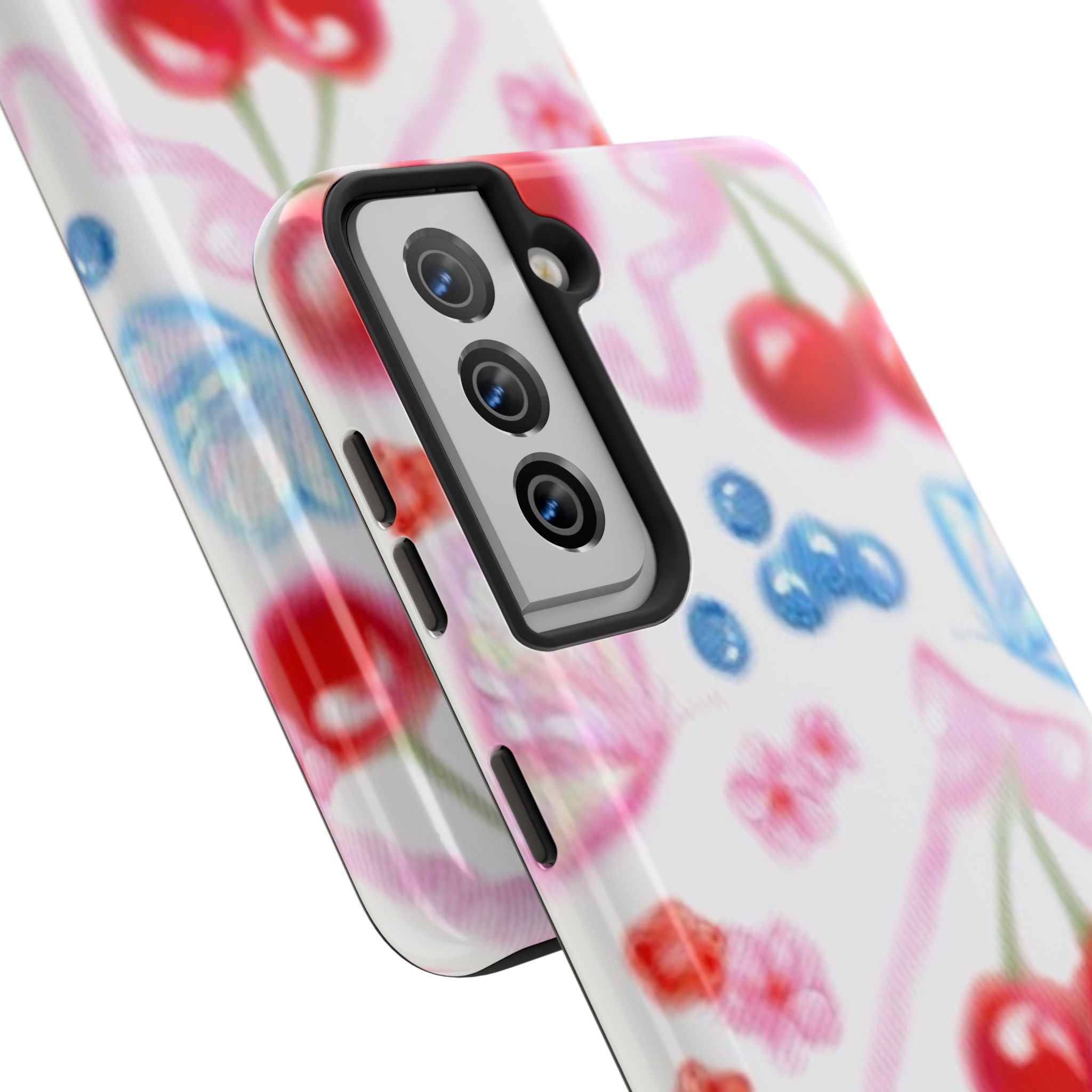 Cute Cherry Strawberry Phone Case, Bow Butterfly Design, iPhone & Samsung Protective Cover, Girls Women Fun Gift, Fruit Floral Pattern