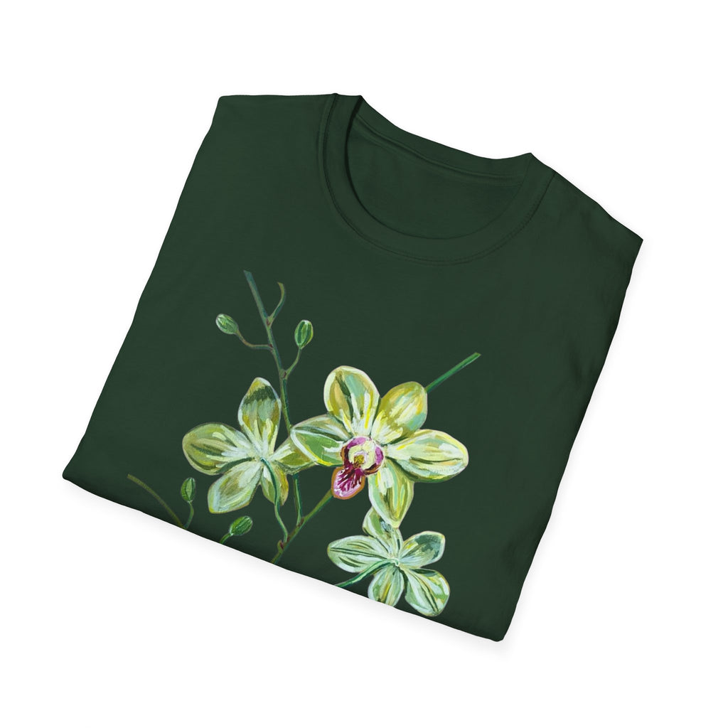 Green Orchid T-Shirt, Botanical Floral Graphic Tee, Nature Plant Art Shirt, Soft Cotton Apparel, Unique Gift for Women Men