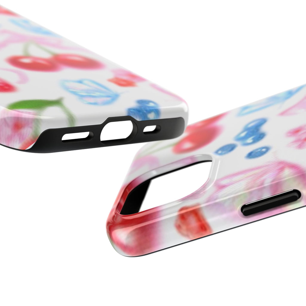 Cute Cherry Strawberry Phone Case, Bow Butterfly Design, iPhone & Samsung Protective Cover, Girls Women Fun Gift, Fruit Floral Pattern