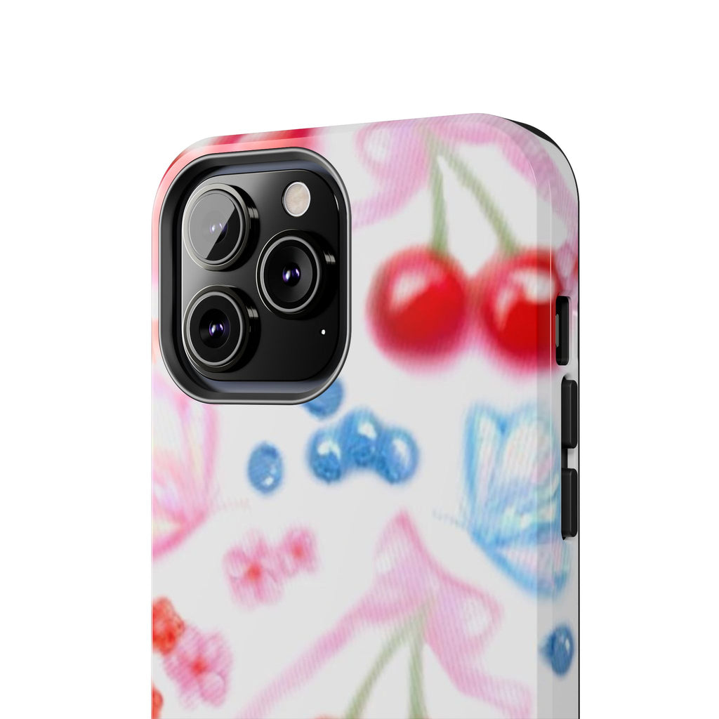 Cute Cherry Strawberry Phone Case, Bow Butterfly Design, iPhone & Samsung Protective Cover, Girls Women Fun Gift, Fruit Floral Pattern