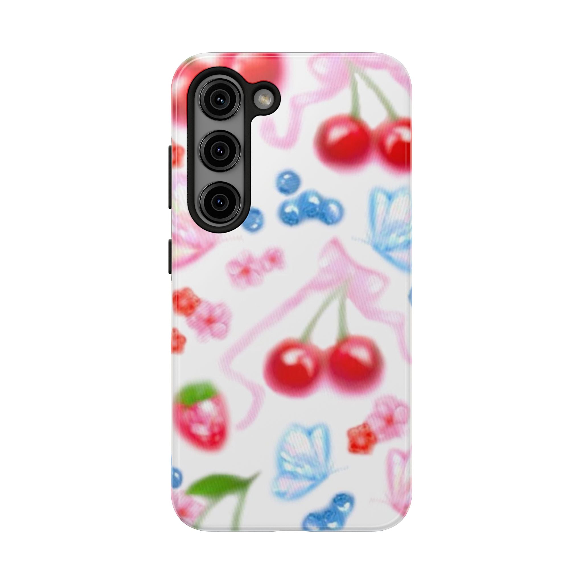 Cute Cherry Strawberry Phone Case, Bow Butterfly Design, iPhone & Samsung Protective Cover, Girls Women Fun Gift, Fruit Floral Pattern
