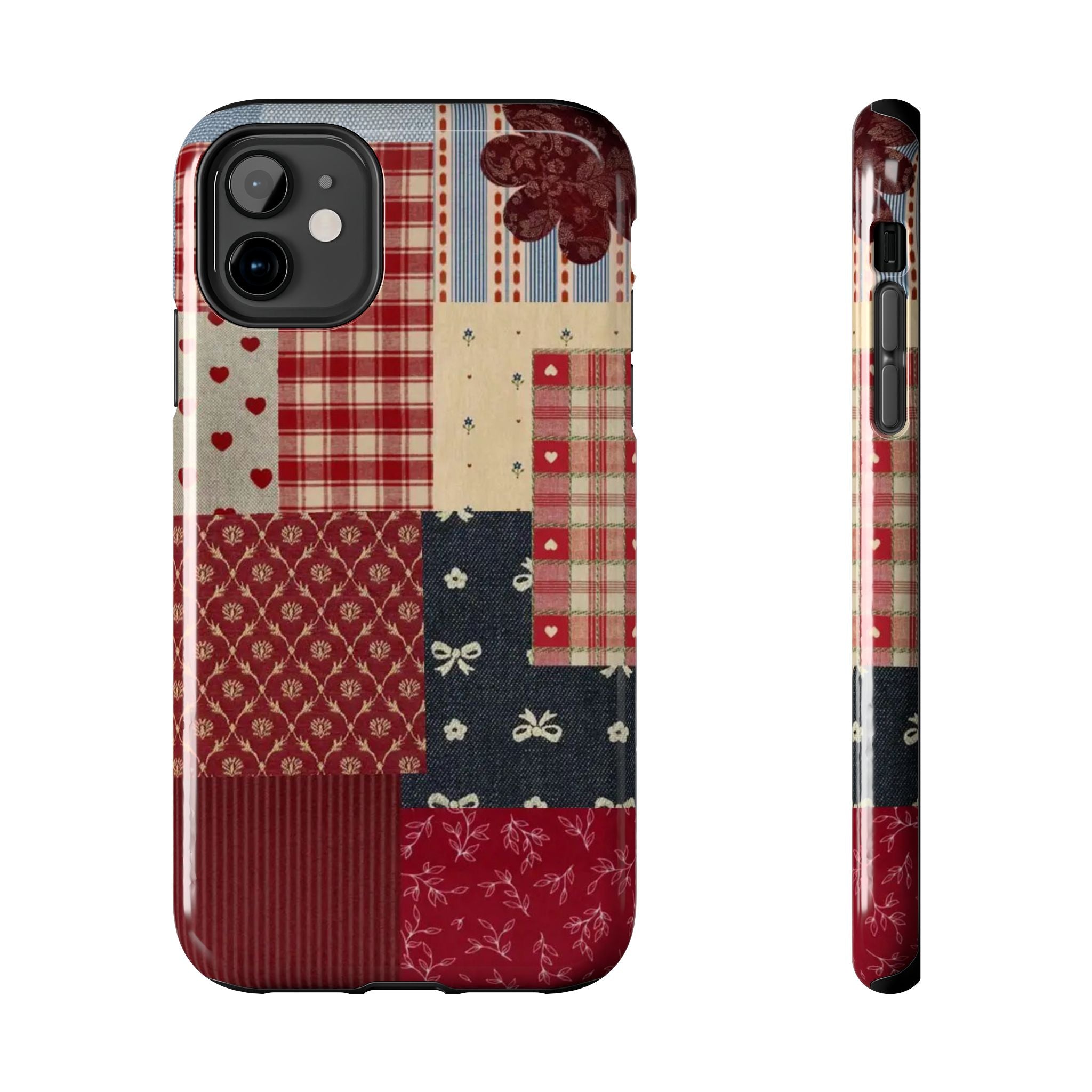 Red Patchwork Phone Case, Quilted Pattern Design, iPhone & Samsung Protective Cover, Rustic Farmhouse Style, Unique Gift for Women