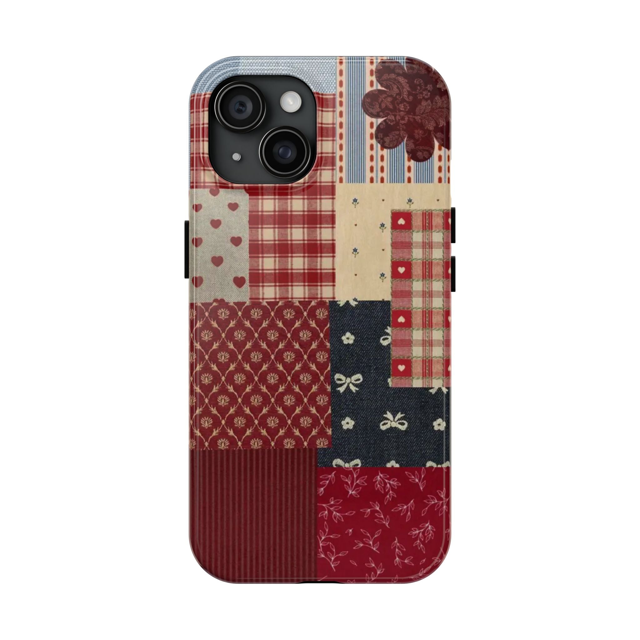 Red Patchwork Phone Case, Quilted Pattern Design, iPhone & Samsung Protective Cover, Rustic Farmhouse Style, Unique Gift for Women