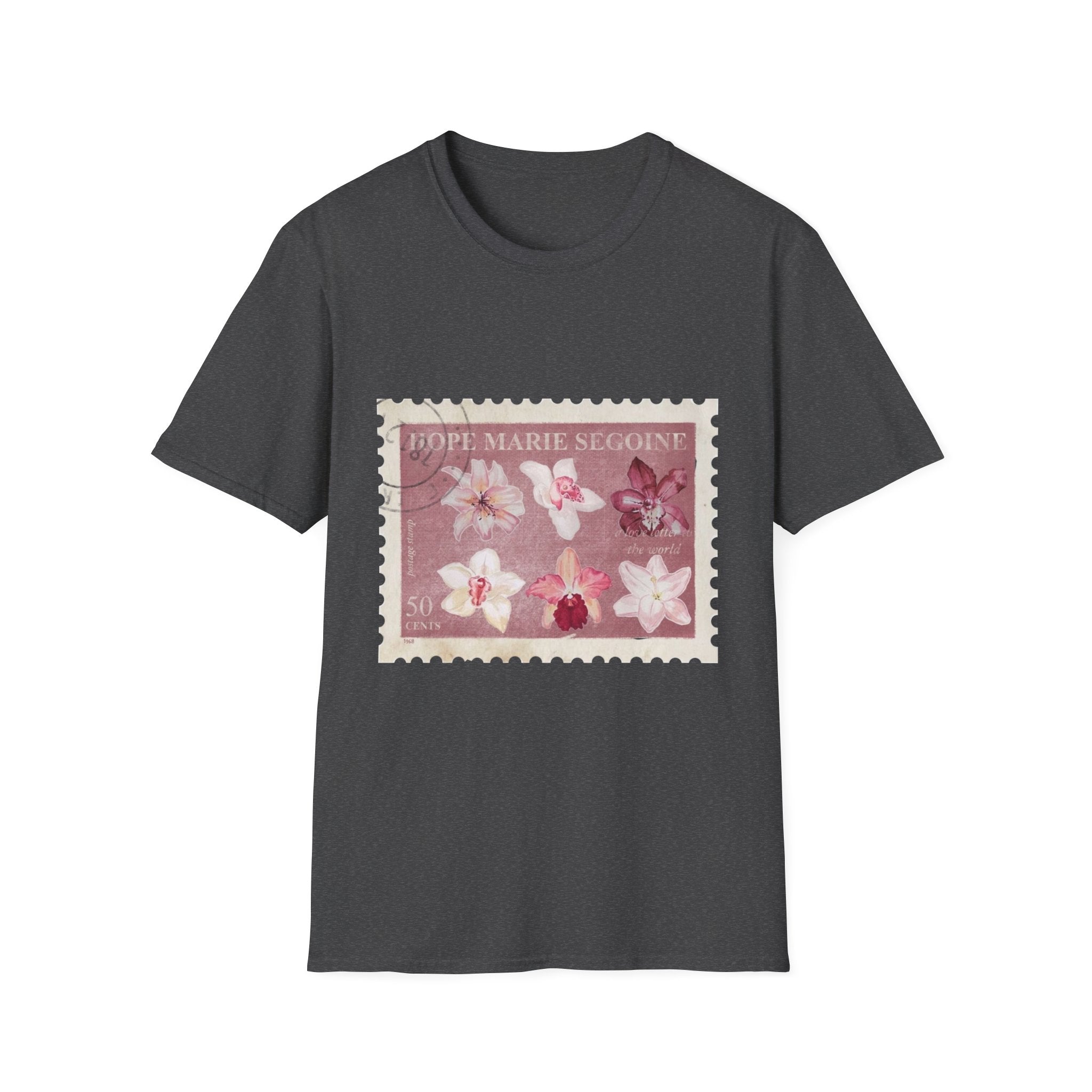 Vintage Flower Stamp T-Shirt, Botanical Orchid Graphic Tee, Retro Floral Art Shirt, Soft Cotton Apparel, Unique Gift for Women Men
